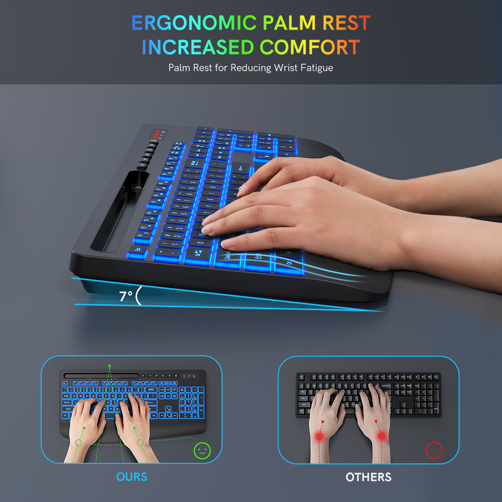 Wireless Keyboard-7 Colored Backlits-Rechargeable Ergonomic Keyboard with Silent Light Up Keys-Wrist Rest-Phone Holder