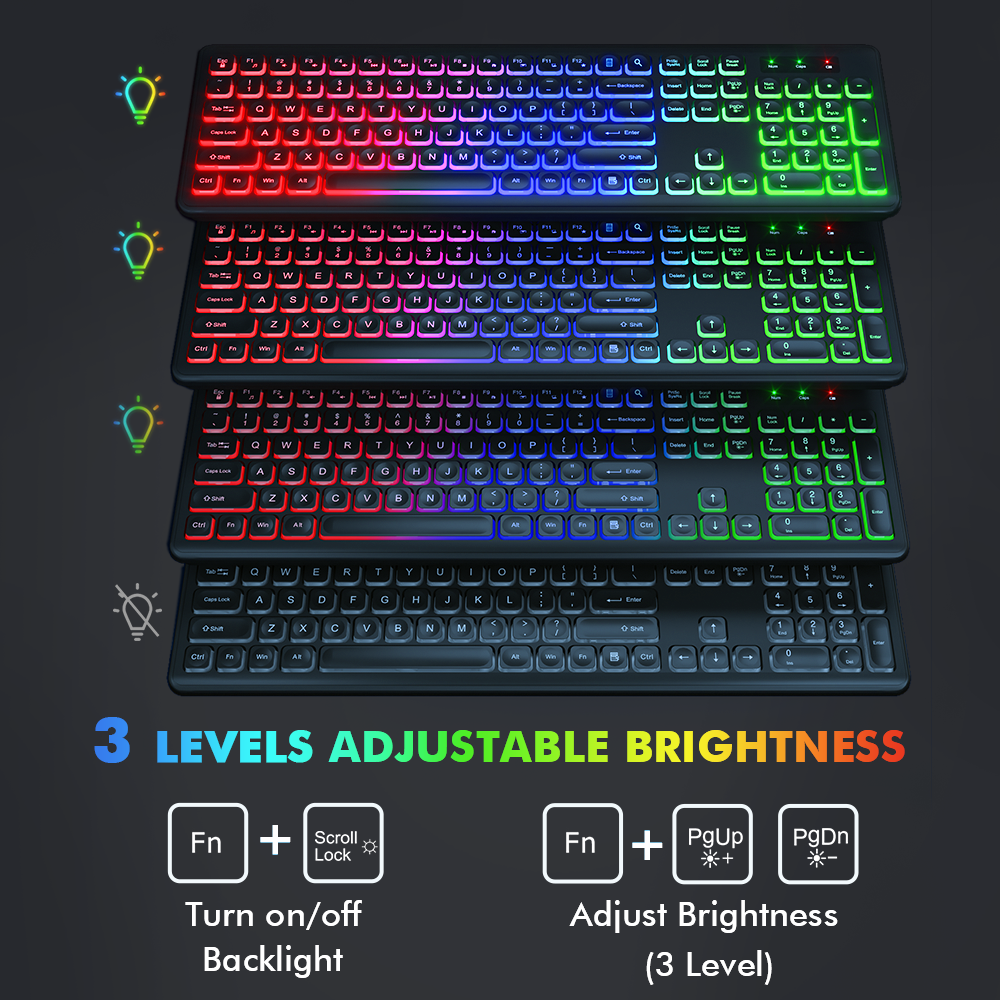 Wireless Keyboard and Mouse Combo - RGB Backlit-Rechargeable & Light Up Letters-Ergonomic Tilt Angle-Full-Size-Sleep Mode-2.4GHz