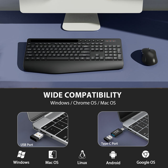 Wireless Keyboard and Mouse Combo -Wrist Rest Ergonomic Keyboard with Phone Holder
