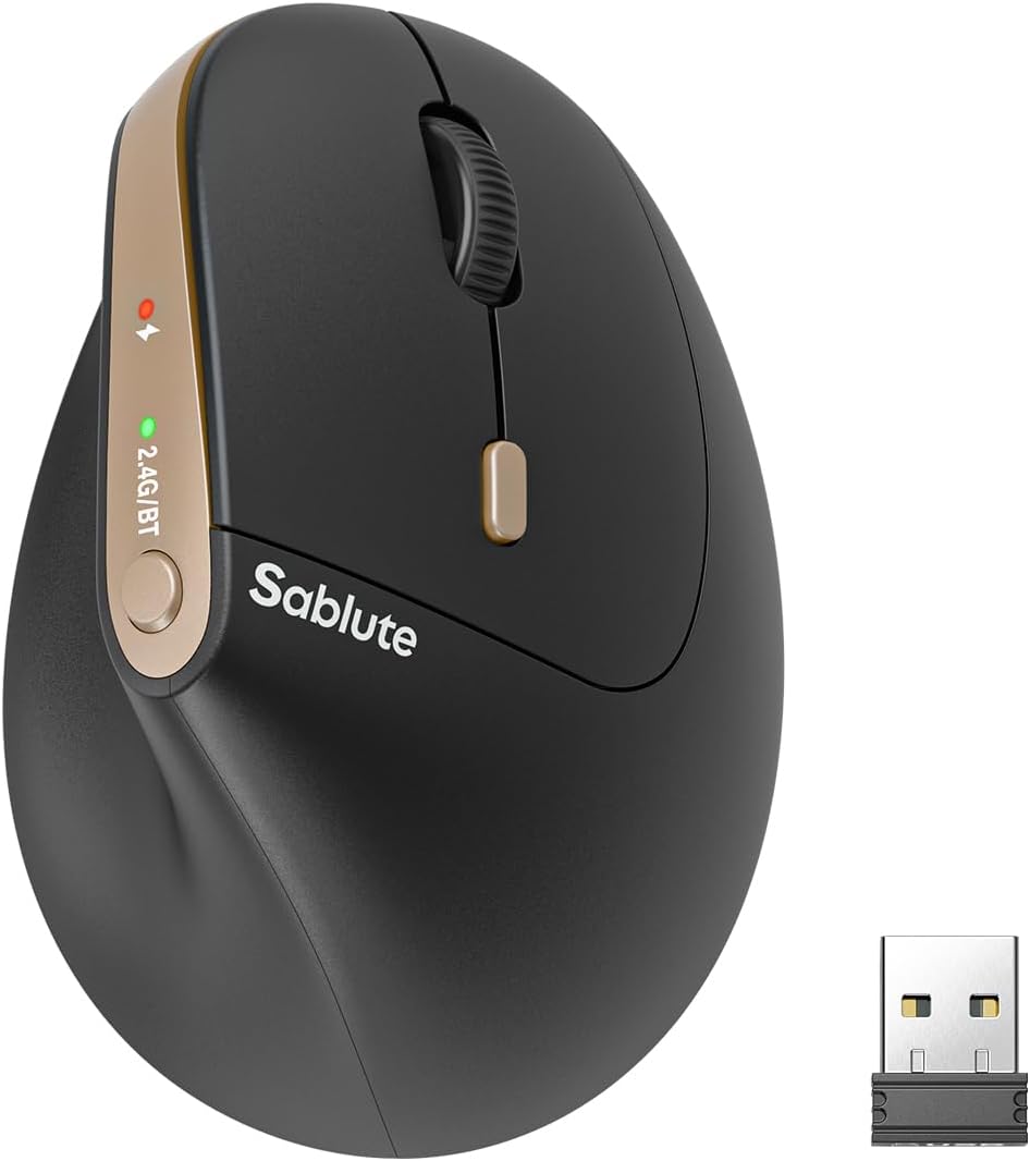 SABLUTE MAM3 Ergonomic Mouse, Rechargeable Wireless Vertical Mouse with 4 Adjustable DPI for Small/Medium Hands, Dual-Device Connectivity for Computer/Laptop,Bluetooth Mouse for Window,Mac OS