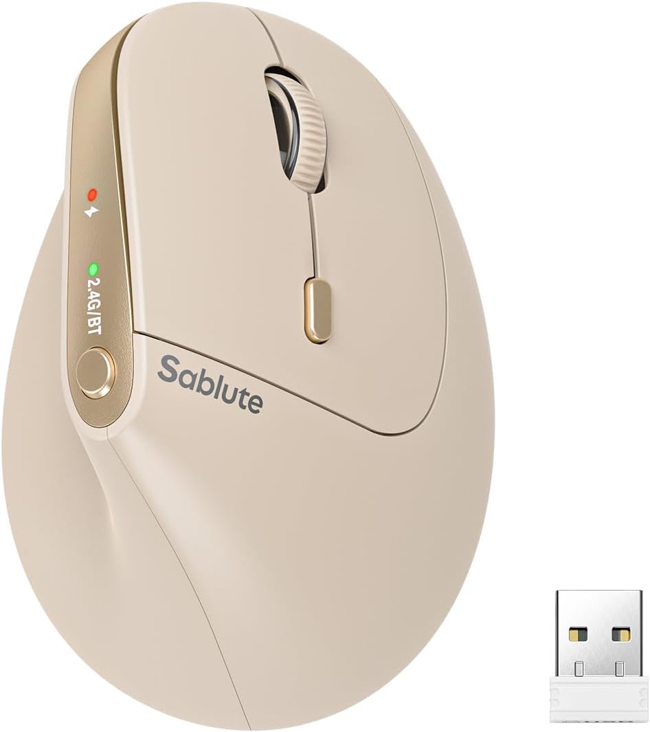 SABLUTE MAM3 Ergonomic Mouse, Rechargeable Wireless Vertical Mouse with 4 Adjustable DPI for Small/Medium Hands, Dual-Device Connectivity for Computer/Laptop,Bluetooth Mouse for Window,Mac OS