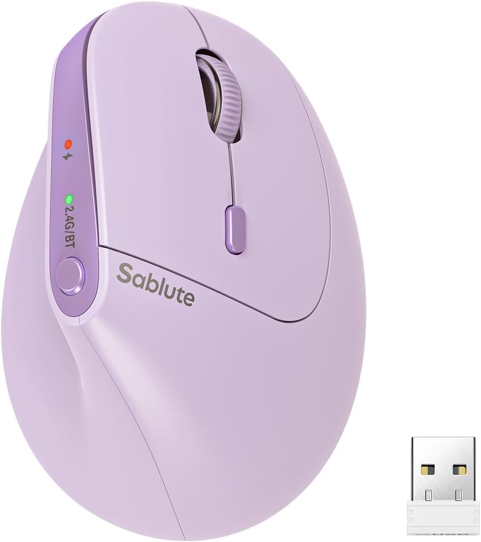 SABLUTE MAM3 Ergonomic Mouse, Rechargeable Wireless Vertical Mouse with 4 Adjustable DPI for Small/Medium Hands, Dual-Device Connectivity for Computer/Laptop,Bluetooth Mouse for Window,Mac OS