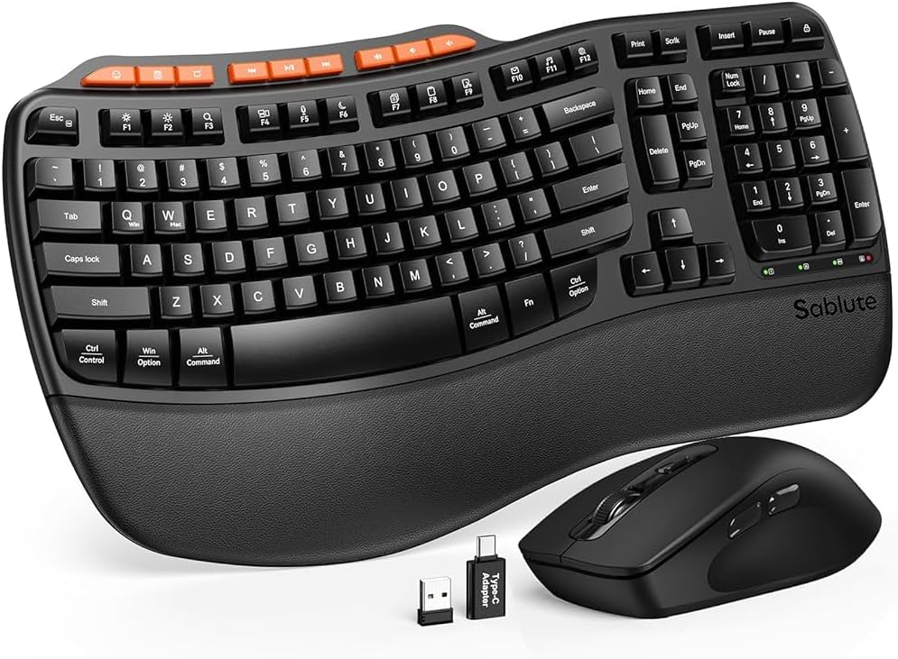 Ergonomic Wireless Keyboard and Mouse Combo, 2.4G Full Size Ergo Wave Key Board with Cushioned Plam Rest, Natural Typing, 3 DPI Adjustable Silent Mouse for Computer/Laptop/Windows/Mac