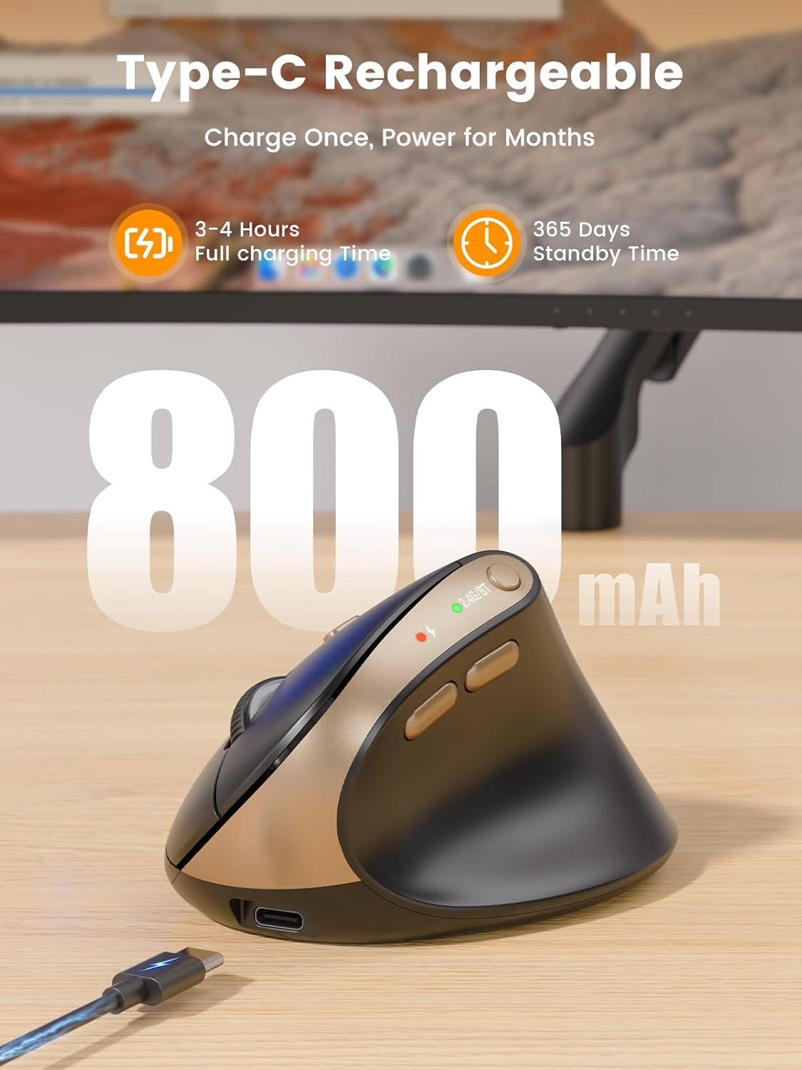 SABLUTE MAM3 Ergonomic Mouse, Rechargeable Wireless Vertical Mouse with 4 Adjustable DPI for Small/Medium Hands, Dual-Device Connectivity for Computer/Laptop,Bluetooth Mouse for Window,Mac OS