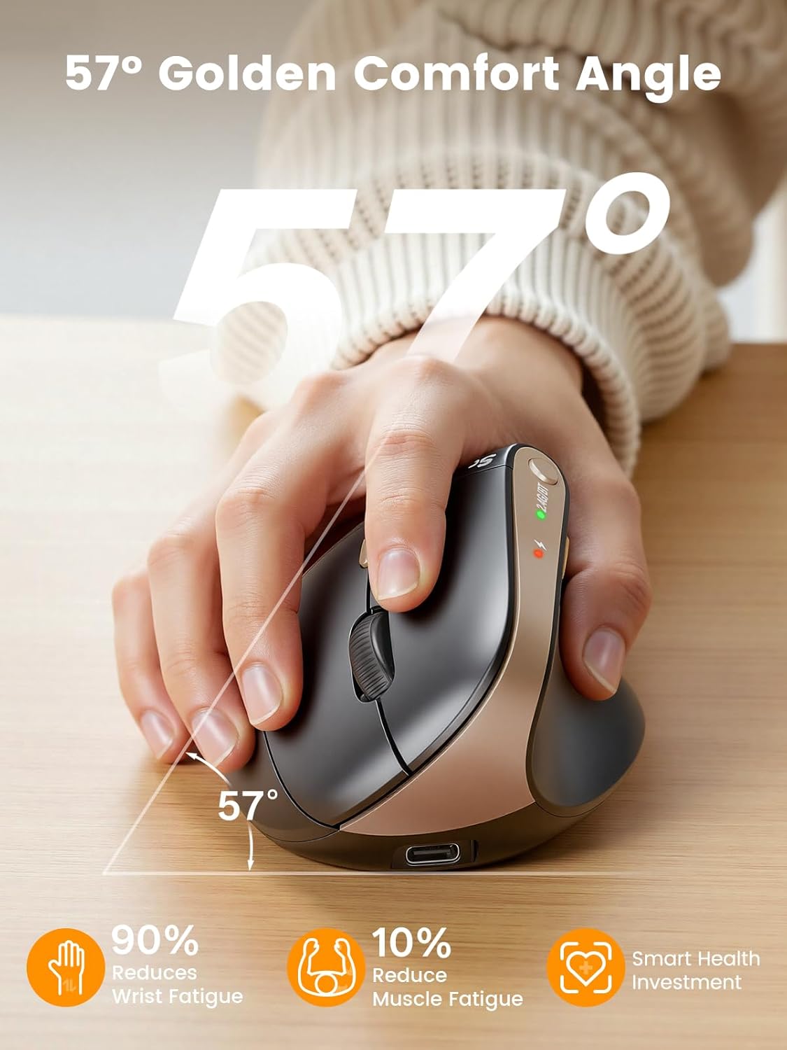 SABLUTE MAM3 Ergonomic Mouse, Rechargeable Wireless Vertical Mouse with 4 Adjustable DPI for Small/Medium Hands, Dual-Device Connectivity for Computer/Laptop,Bluetooth Mouse for Window,Mac OS