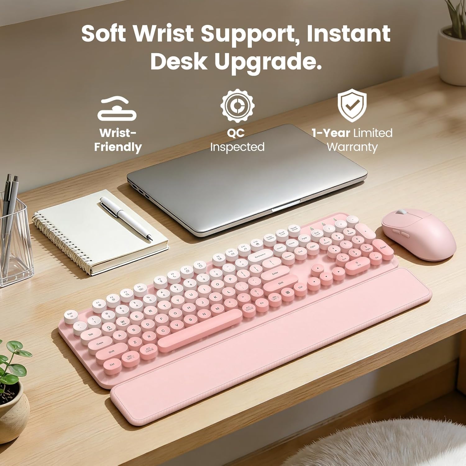 Wireless Keyboard and Mouse Combo, Magnetic Soft-Touch Wrist Rest, Round Keycaps, Full-Size Retro Typewriter Keyboard, 2-Stage Tilt Legs, Auto Sleep, 2.4GHz Cordless for Windows PC