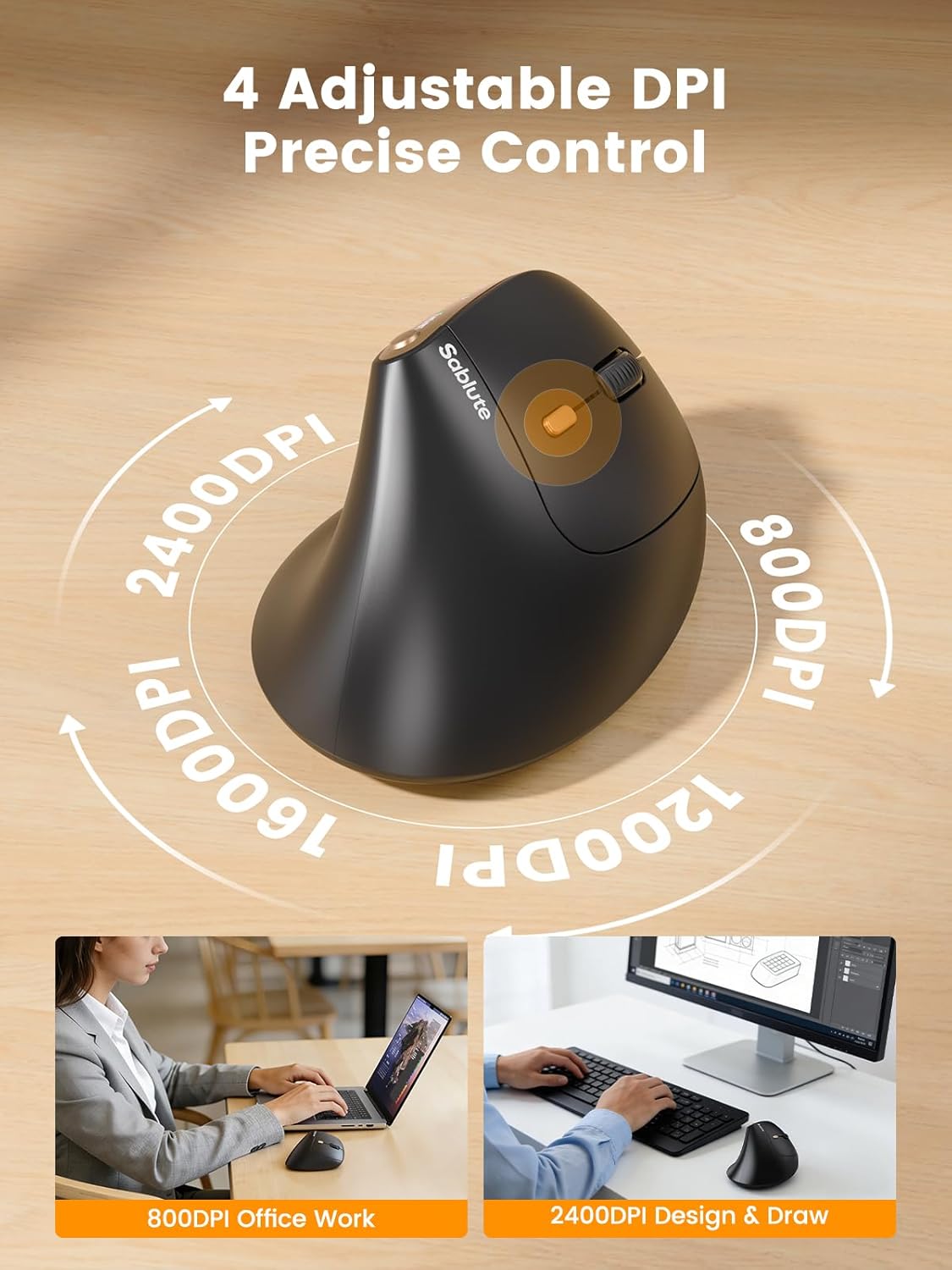 SABLUTE MAM3 Ergonomic Mouse, Rechargeable Wireless Vertical Mouse with 4 Adjustable DPI for Small/Medium Hands, Dual-Device Connectivity for Computer/Laptop,Bluetooth Mouse for Window,Mac OS