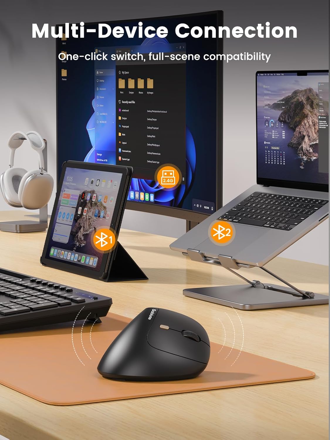 SABLUTE MAM3 Ergonomic Mouse, Rechargeable Wireless Vertical Mouse with 4 Adjustable DPI for Small/Medium Hands, Dual-Device Connectivity for Computer/Laptop,Bluetooth Mouse for Window,Mac OS