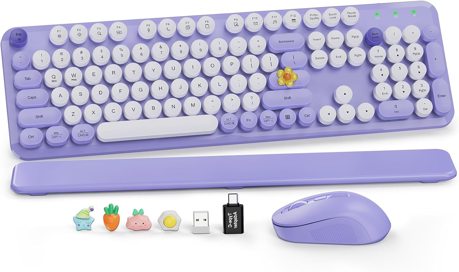Wireless Keyboard and Mouse Combo, Cute Hot Pink Full-Size Retro Typewriter Keyboard with Round Keycaps, Magnetic Wrist Rest, Tilt Legs, 2.4GHz Cordless for Mac, Windows PC, Laptop, SABLUTE CK23