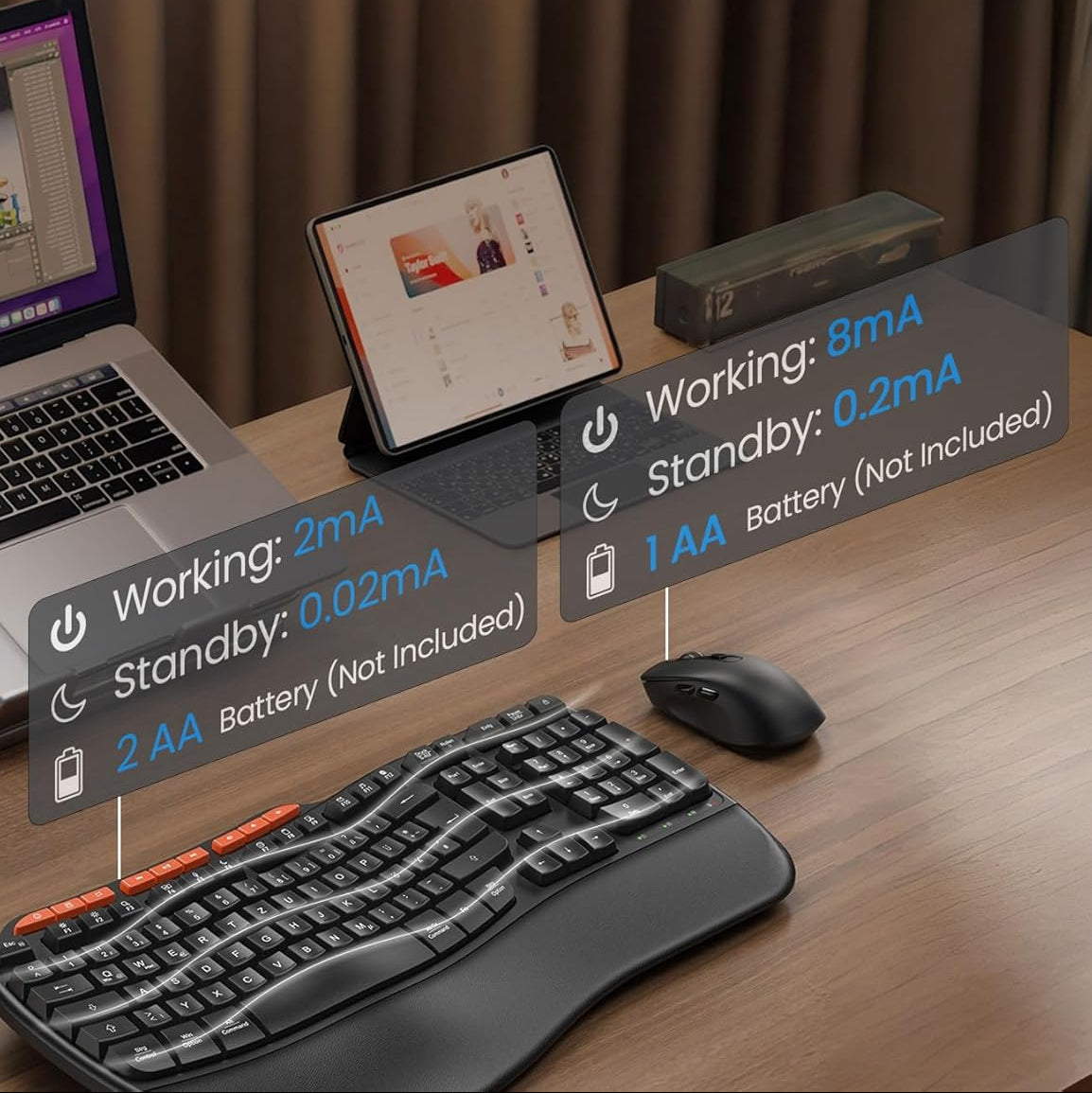 Ergonomic Wireless Keyboard and Mouse Combo, 2.4G Full Size Ergo Wave Key Board with Cushioned Plam Rest, Natural Typing, 3 DPI Adjustable Silent Mouse for Computer/Laptop/Windows/Mac