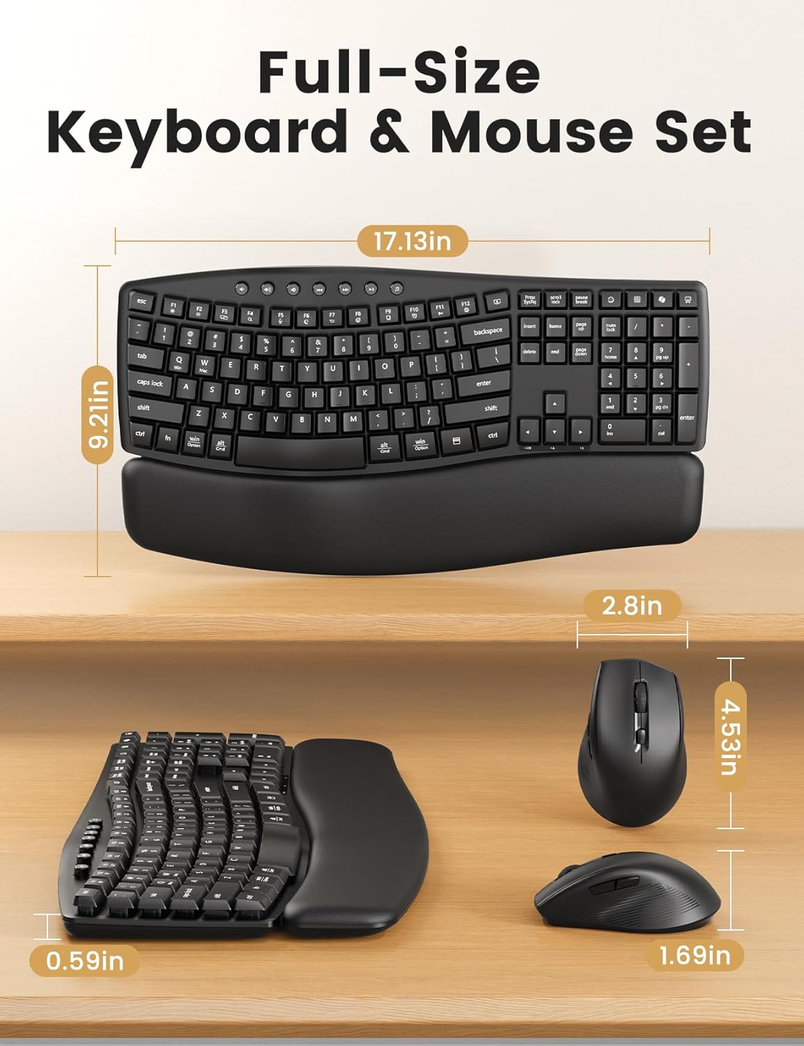 Wireless Keyboard and Mouse Combo, 30dB Quiet Ergonomic Wave Keyboard Set with Soft Leather Palm Rest, Dual-System Switch for Windows/Mac, Ideal for Business Teams Home Office - SABLUTE MA41