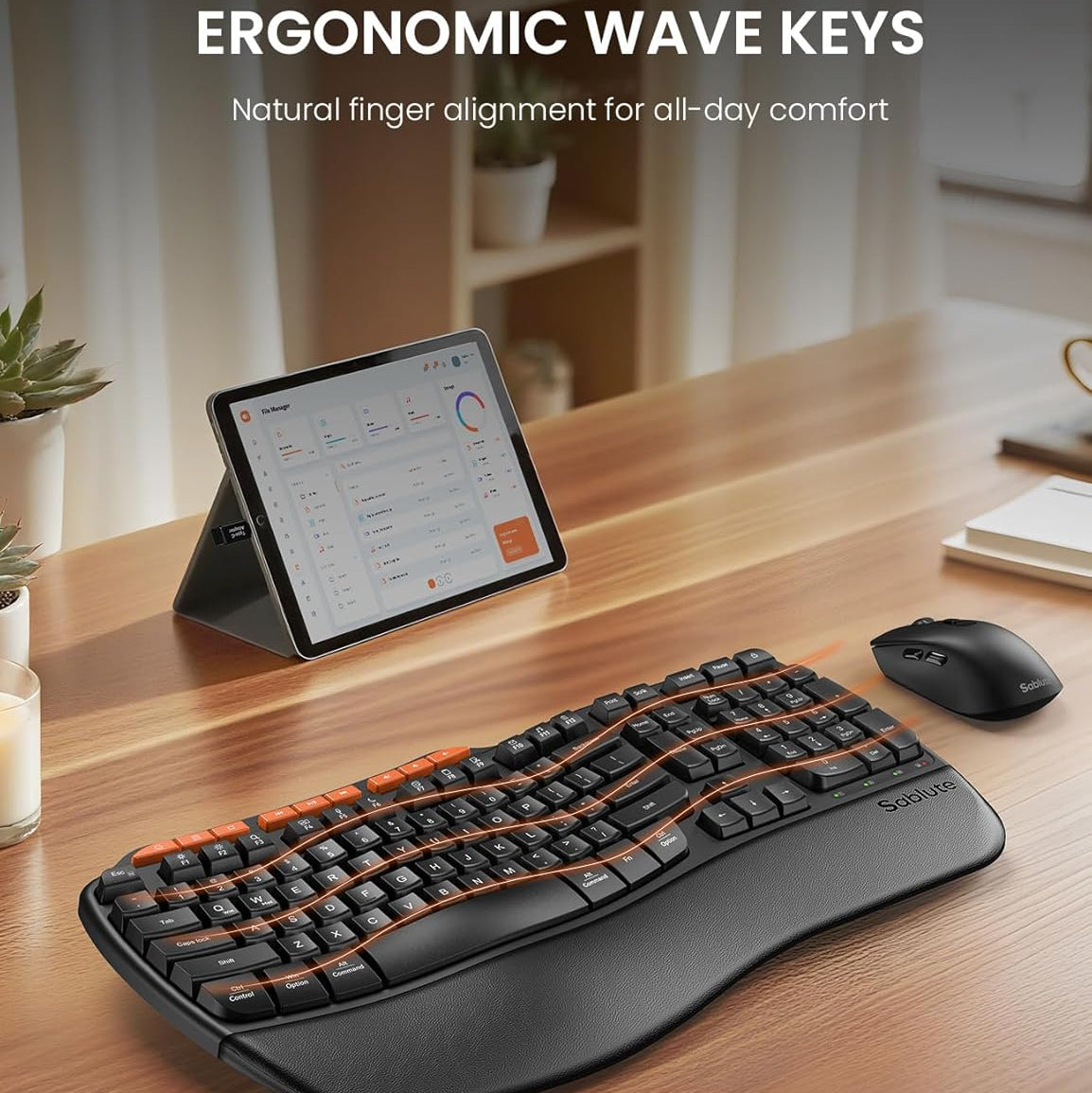 Ergonomic Wireless Keyboard and Mouse Combo, 2.4G Full Size Ergo Wave Key Board with Cushioned Plam Rest, Natural Typing, 3 DPI Adjustable Silent Mouse for Computer/Laptop/Windows/Mac