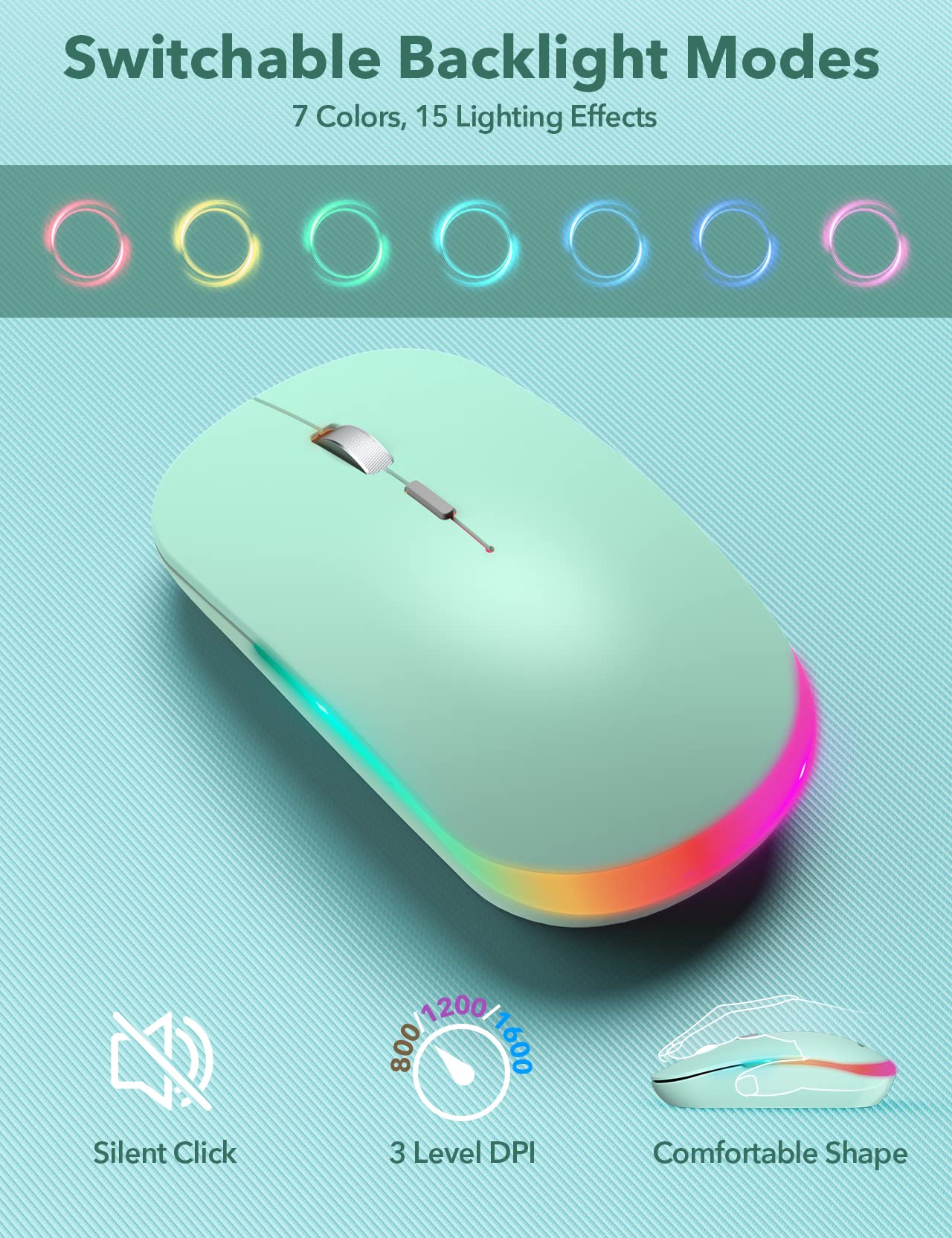 SABLUTE Wireless Mouse with Bluetooth and 2.4G Mode, RGB Backlit, Rechargeable and Silent-BTM2023A
