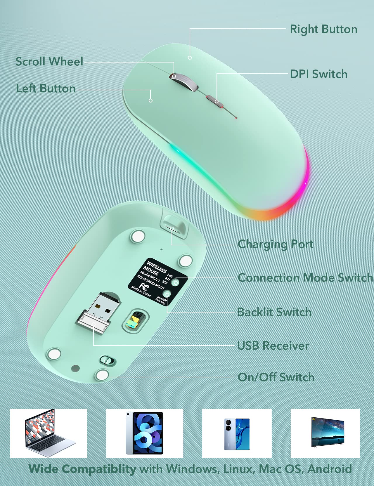 SABLUTE Wireless Mouse with Bluetooth and 2.4G Mode, RGB Backlit, Rechargeable and Silent-BTM2023A