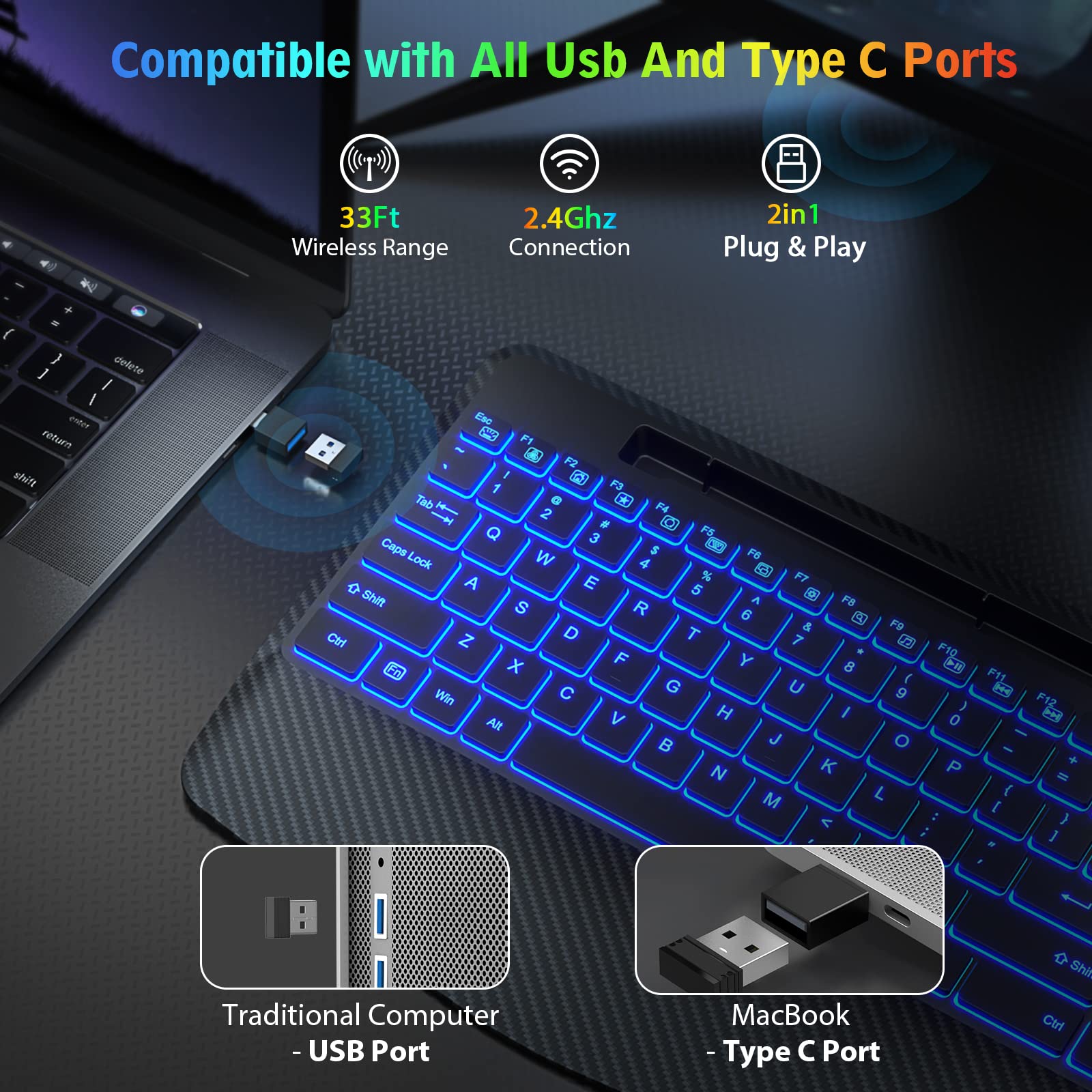 SABLUTE Wireless Keyboard with 7 Colored Backlits