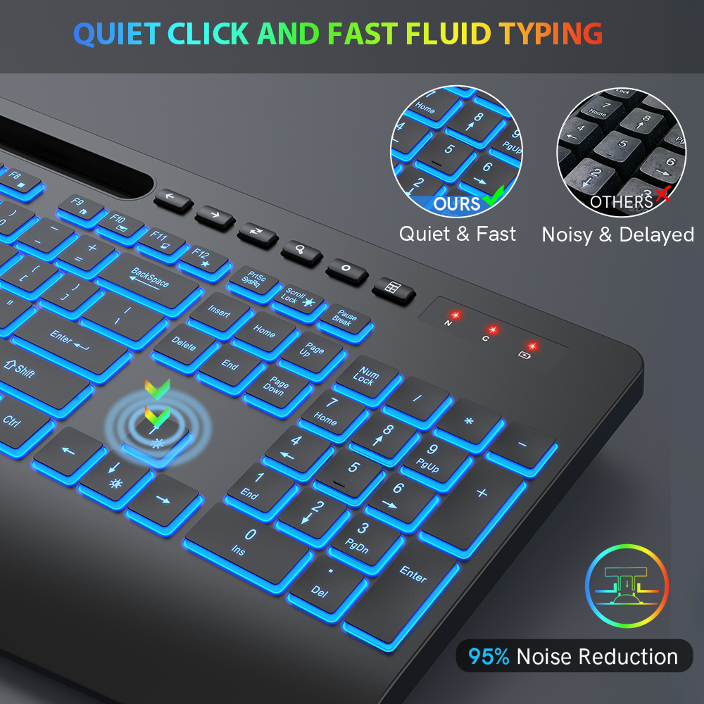 Wireless Keyboard-7 Colored Backlits-Rechargeable Ergonomic Keyboard with Silent Light Up Keys-Wrist Rest-Phone Holder