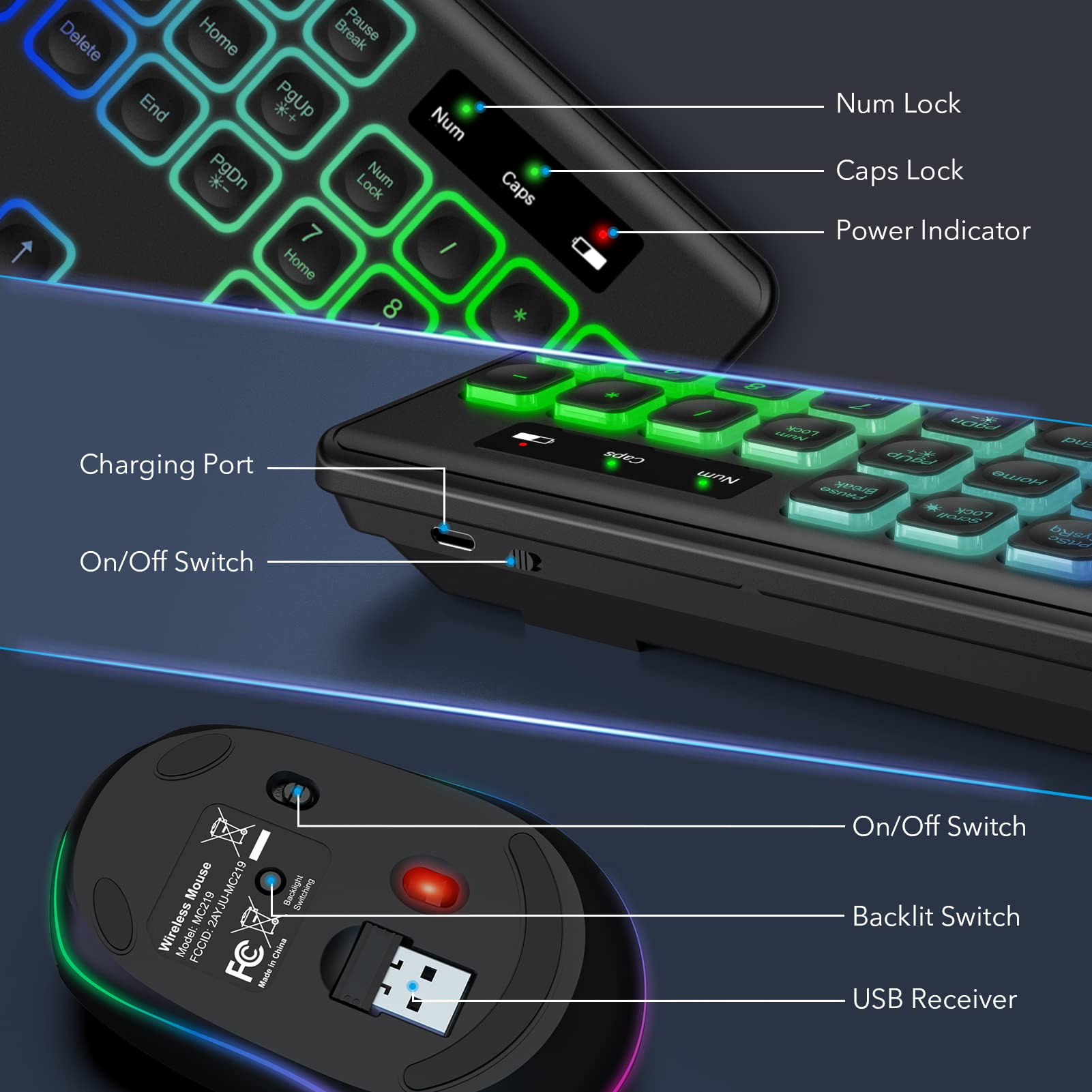 SABLUTE Wireless Keyboard and Mouse Backlit, Quiet Lighted Keys, Tilt Legs, Rechargeable Battery-KL1