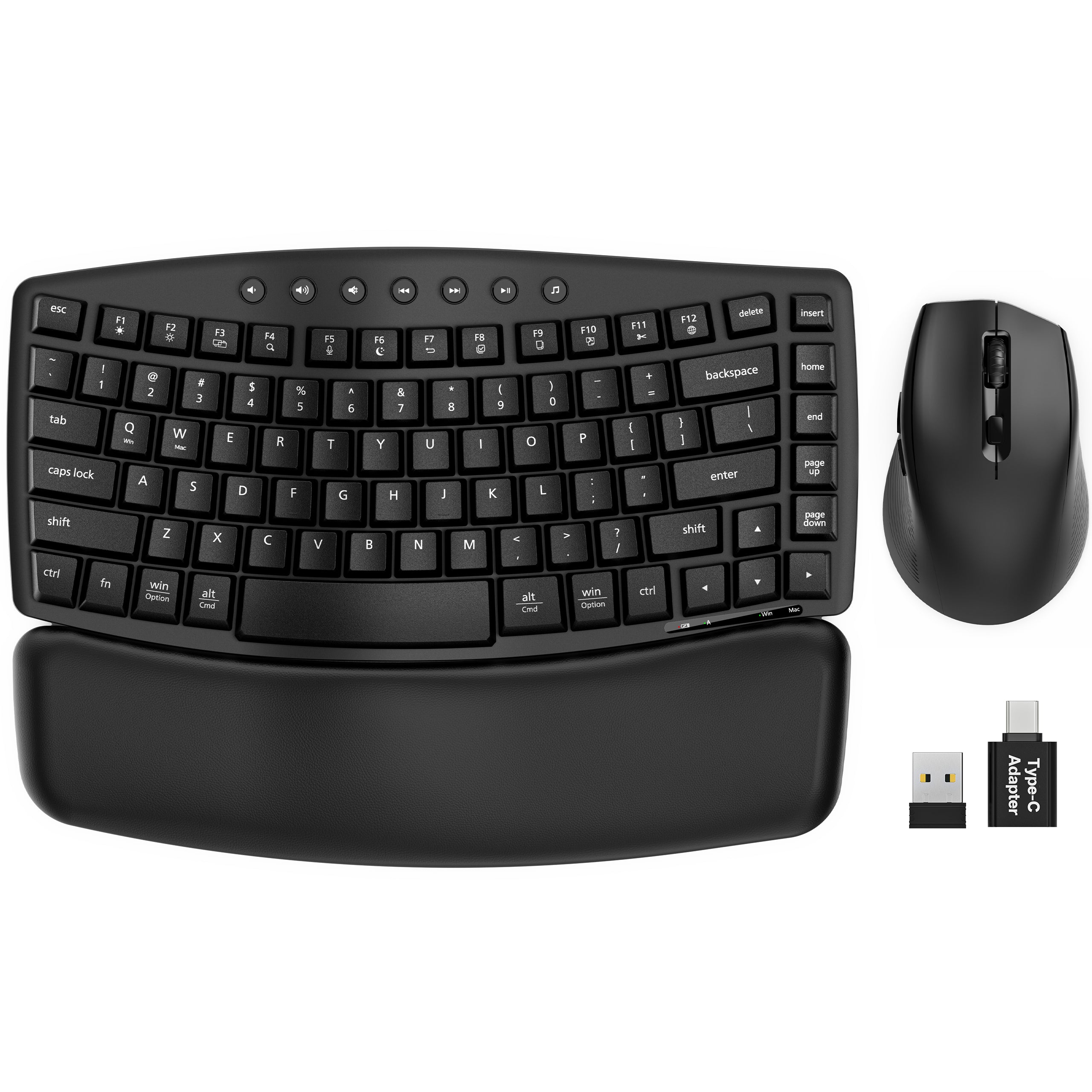 Padded PU wrist rest, low-noise typing up to 30 dB, one 2.4G USB-A/USB-C receiver, quiet left/right clicks for office work