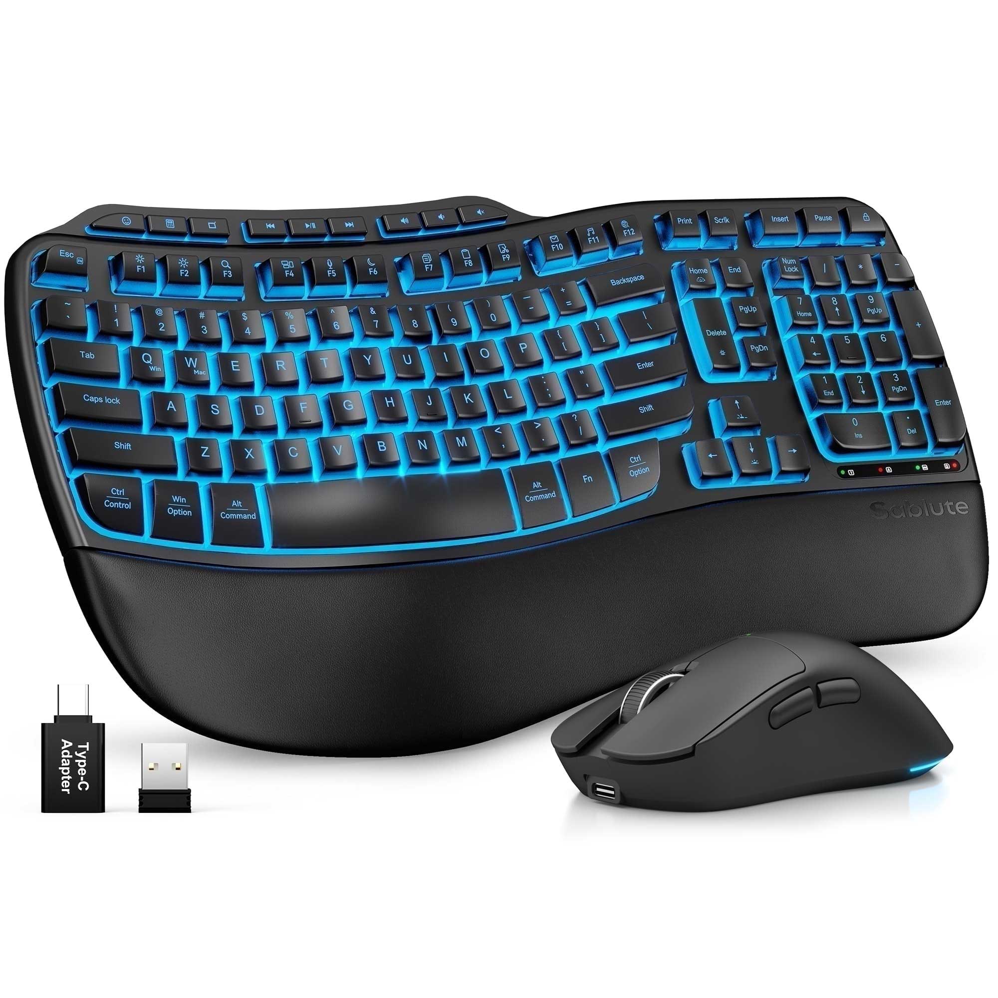 Sablute Full Size 100 Percent Layout Ergonomic Wave Keys Wireless Keyboard and Mouse Combo MA31 Pro CE1551 Black