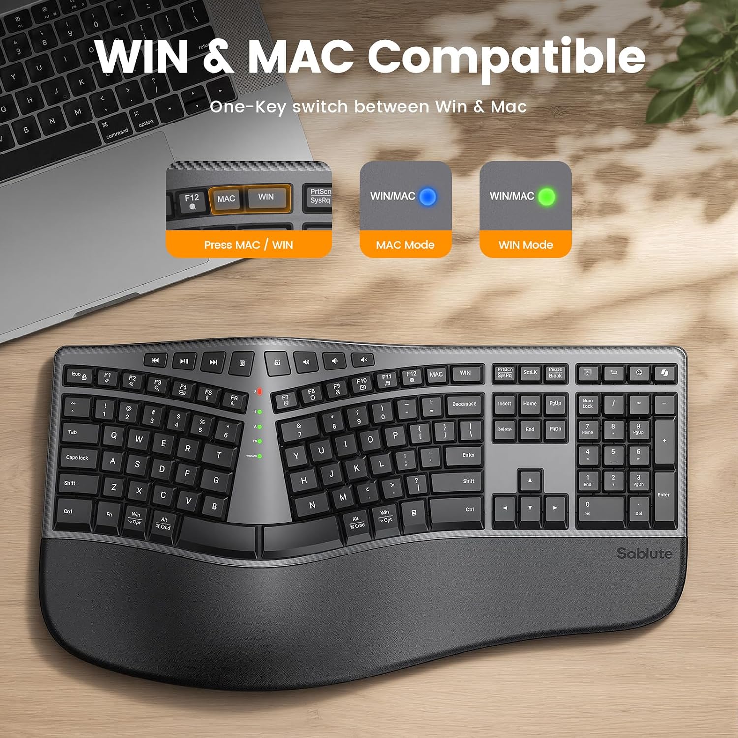 Full-Size Wireless Split Curved Keyboard, Cushioned Wrist Rest, 2.4GHz, USB-C Rechargeable, Shortcut & Emoji Keys, Win/Mac