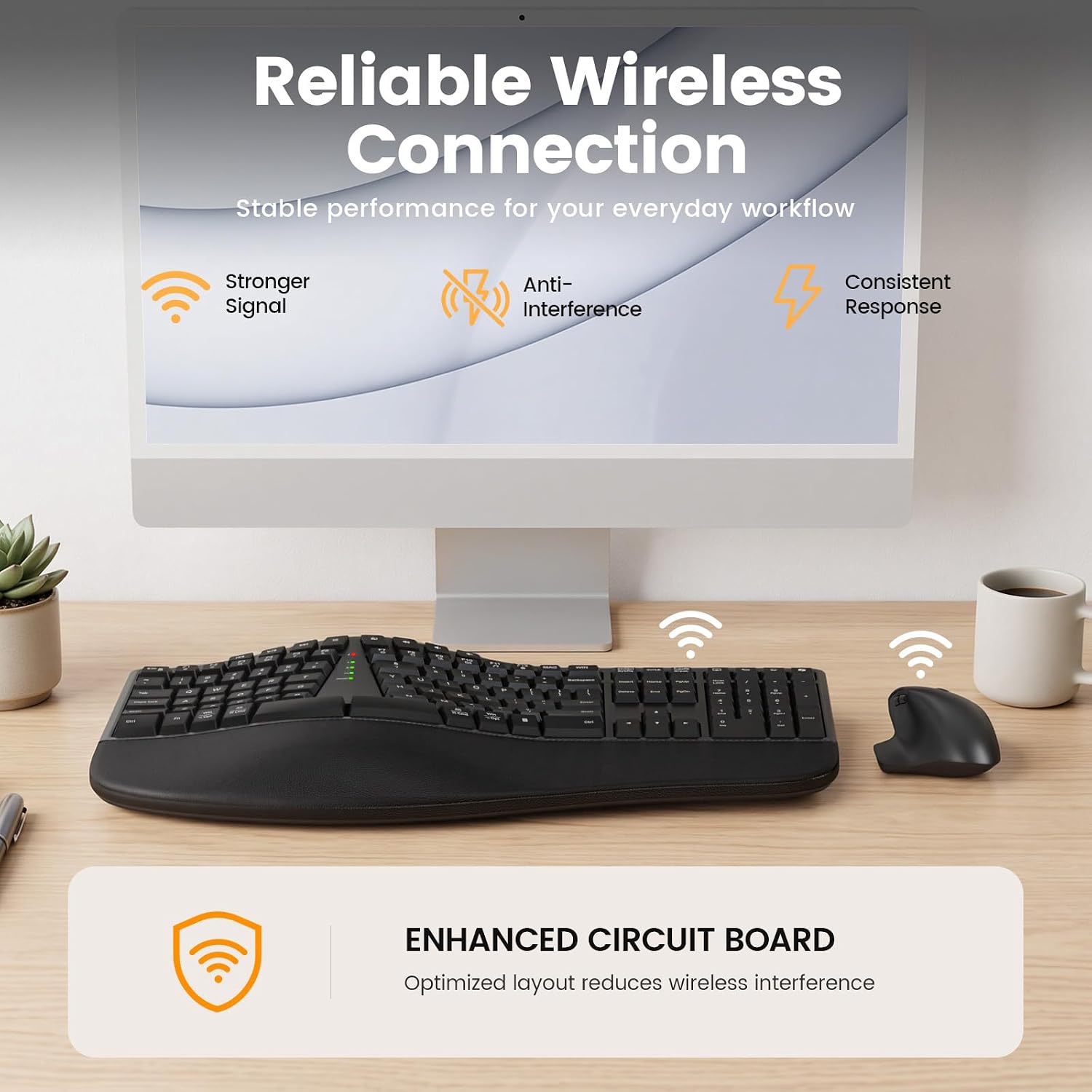 Full-Size Wireless Split Curved Keyboard, Cushioned Wrist Rest, 2.4GHz, USB-C Rechargeable, Shortcut & Emoji Keys, Win/Mac