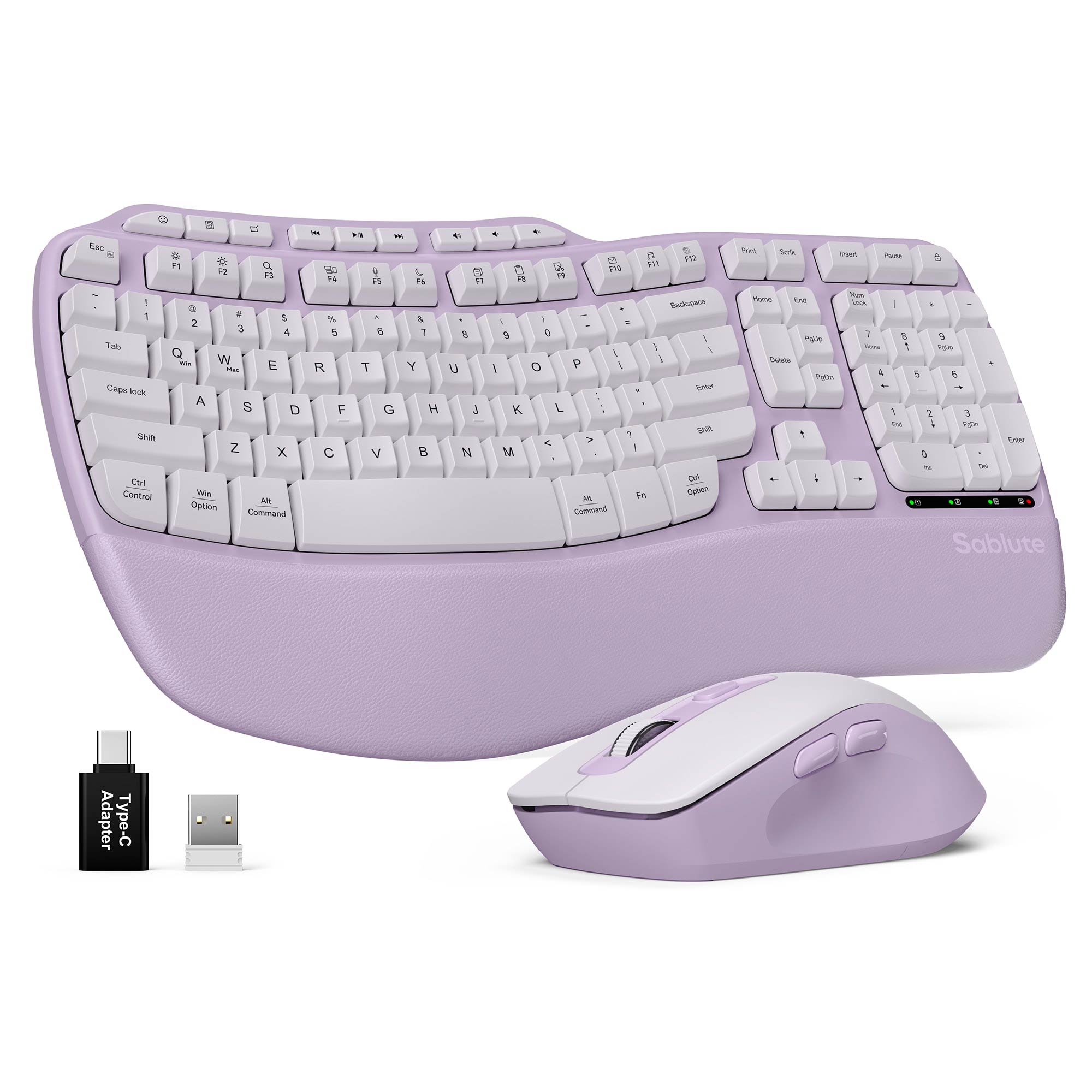 Sablute Wave ergonomic keyboard and mouse combo with faux leather wrist rest quiet typing designed for office home professional workspaces CE1549 Purple