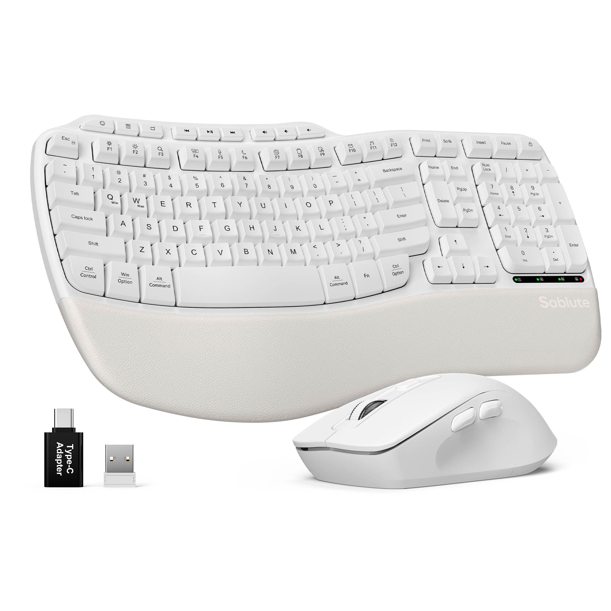 Sablute Wave ergonomic keyboard and mouse combo with faux leather wrist rest quiet typing designed for office home professional workspaces CE1549 White