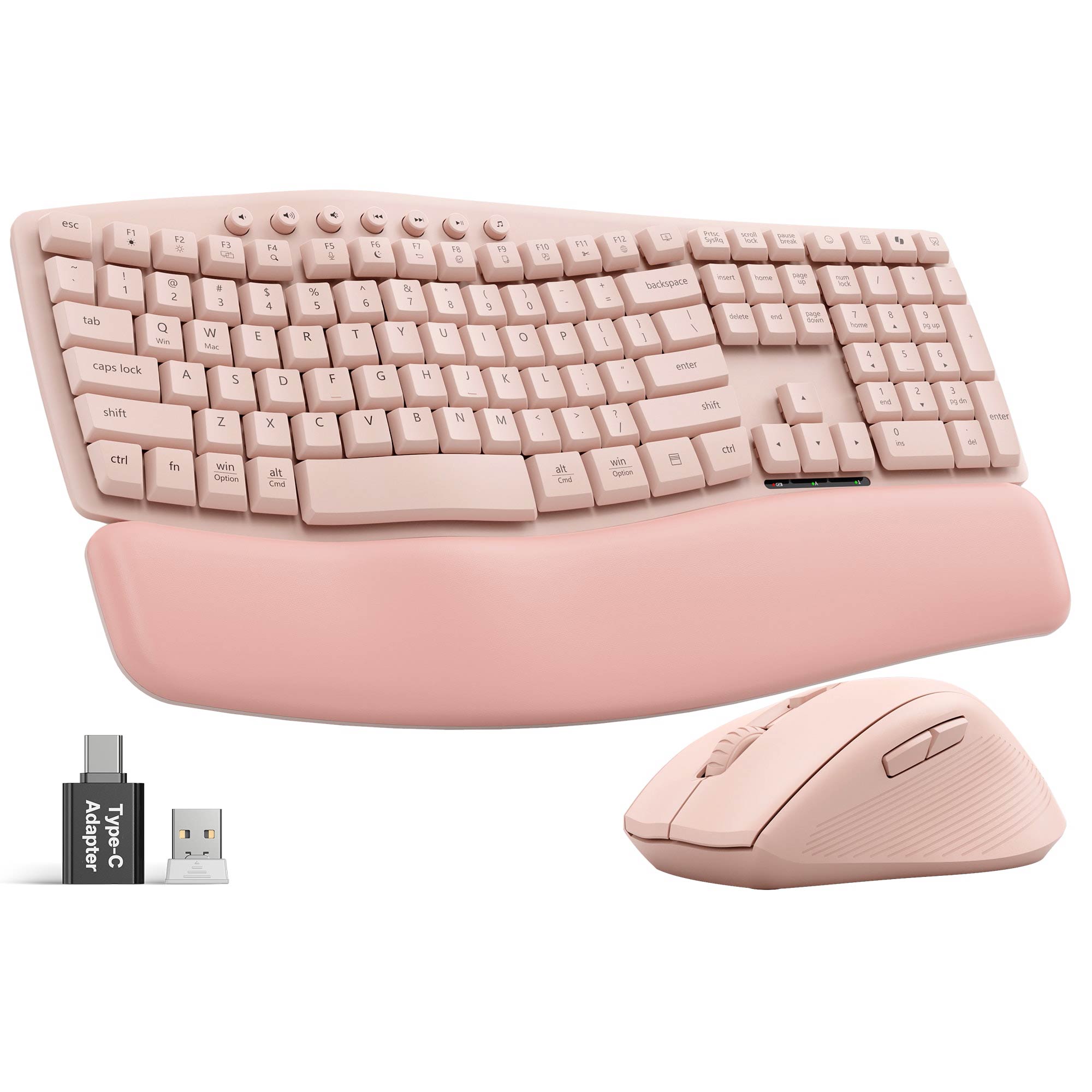 Sablute Wave ergonomic wireless keyboard featuring soft quiet keys palm rest silent mouse and stable 2.4GHz wireless connectivity for office productivity CE1548 Pink