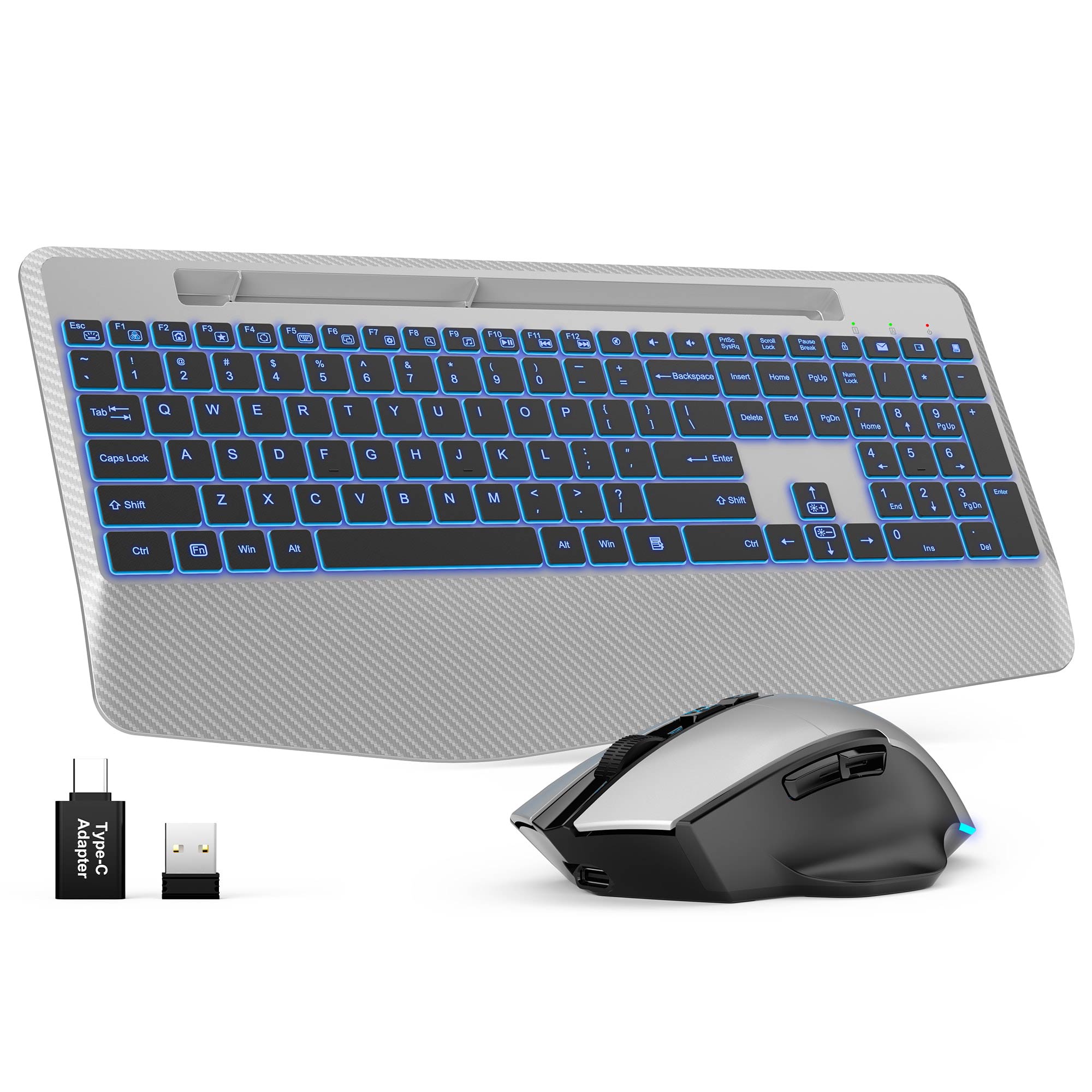 Sablute Wireless Ergonomic Keyboard and mouse Come with Full Size Layout Palm Rest CE1541 Silver