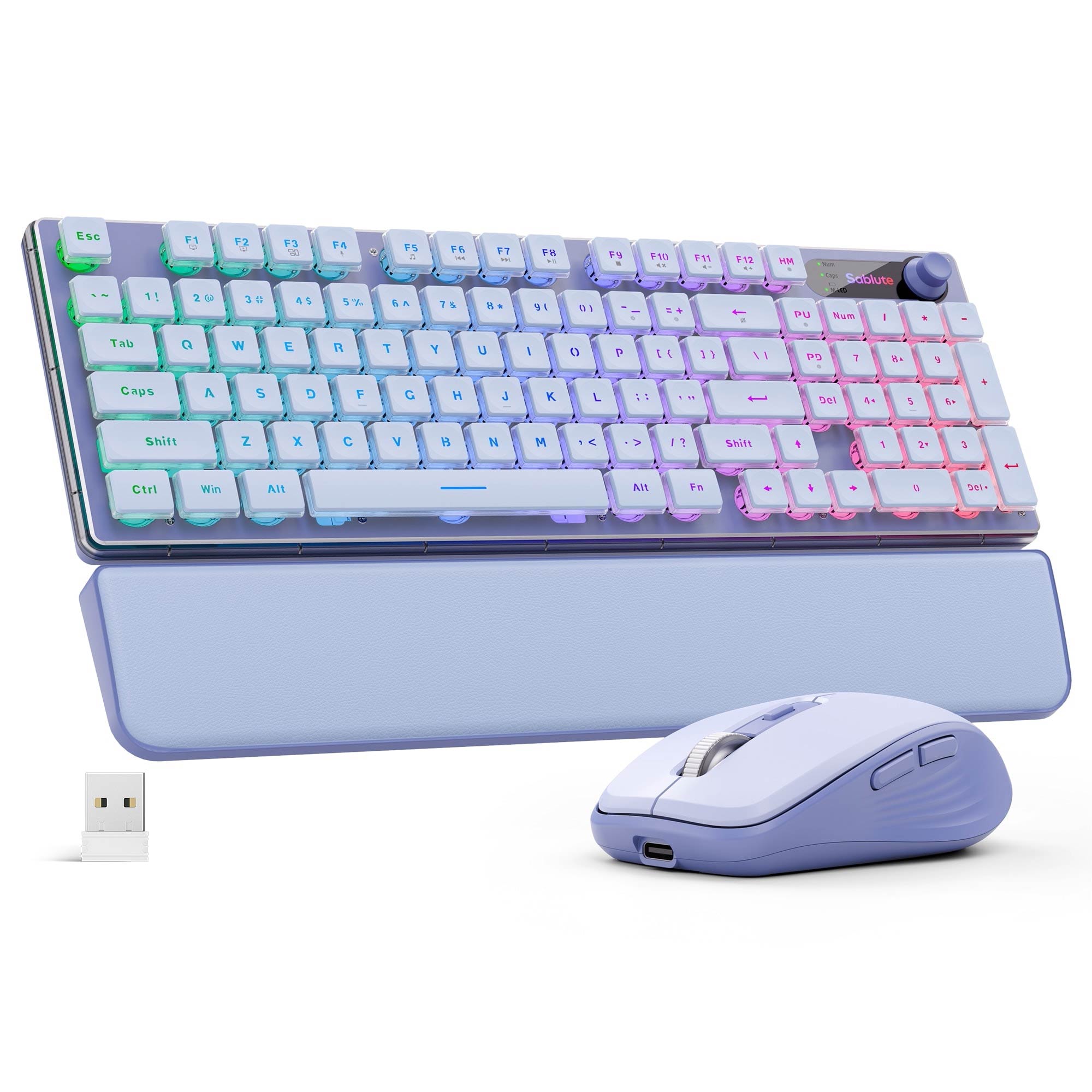 Sablute Wireless RGB backlit keyboard and mouse with pudding keycaps ergonomic typing comfort for office CE1543 Purple