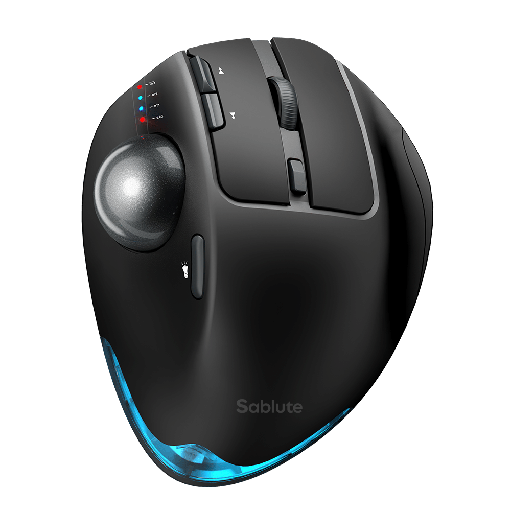 Sablute Black ergonomic mouse with a trackball and backlight on a transparent background