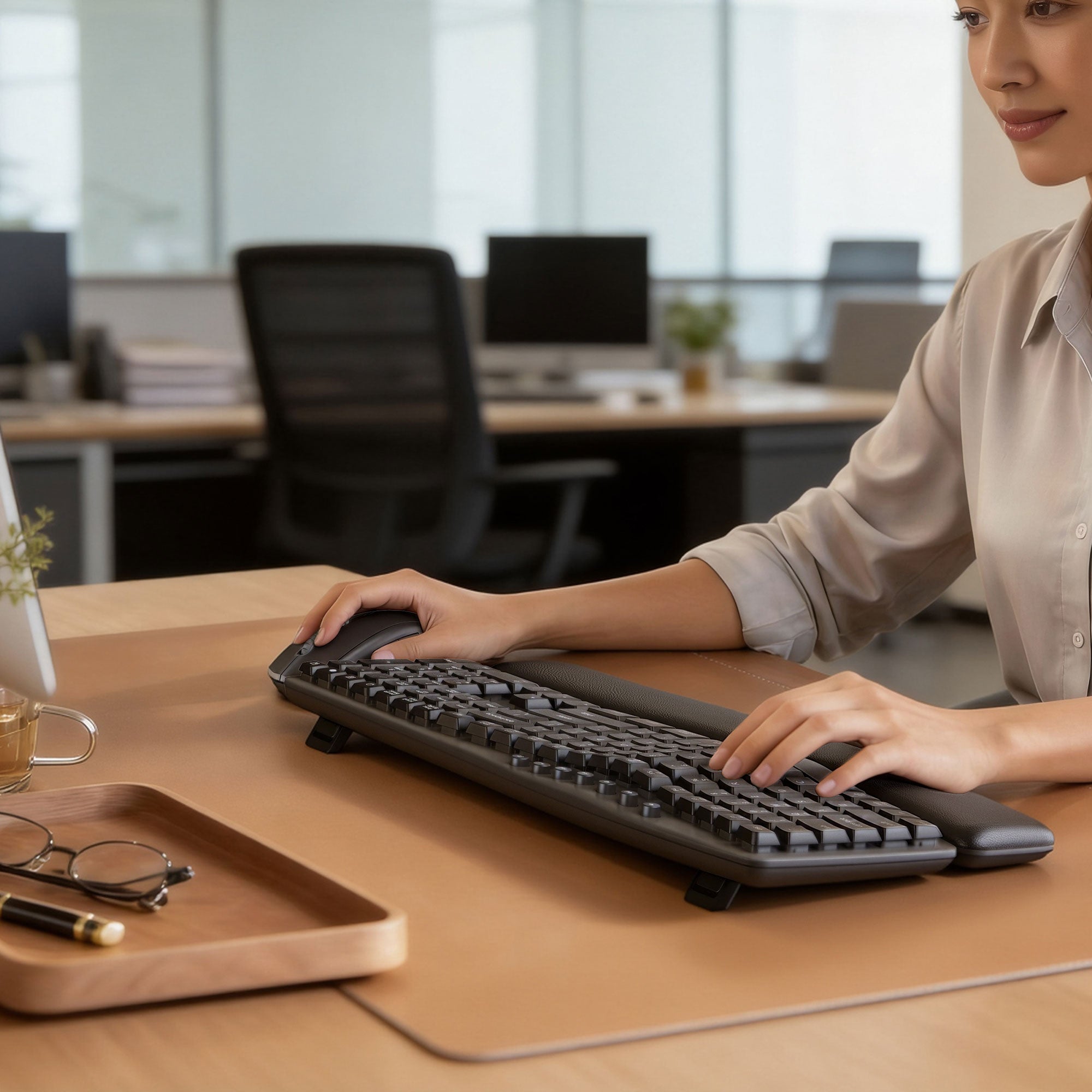 Sablute computer keyboard with ergonomic wave keys at a desk in an office setting