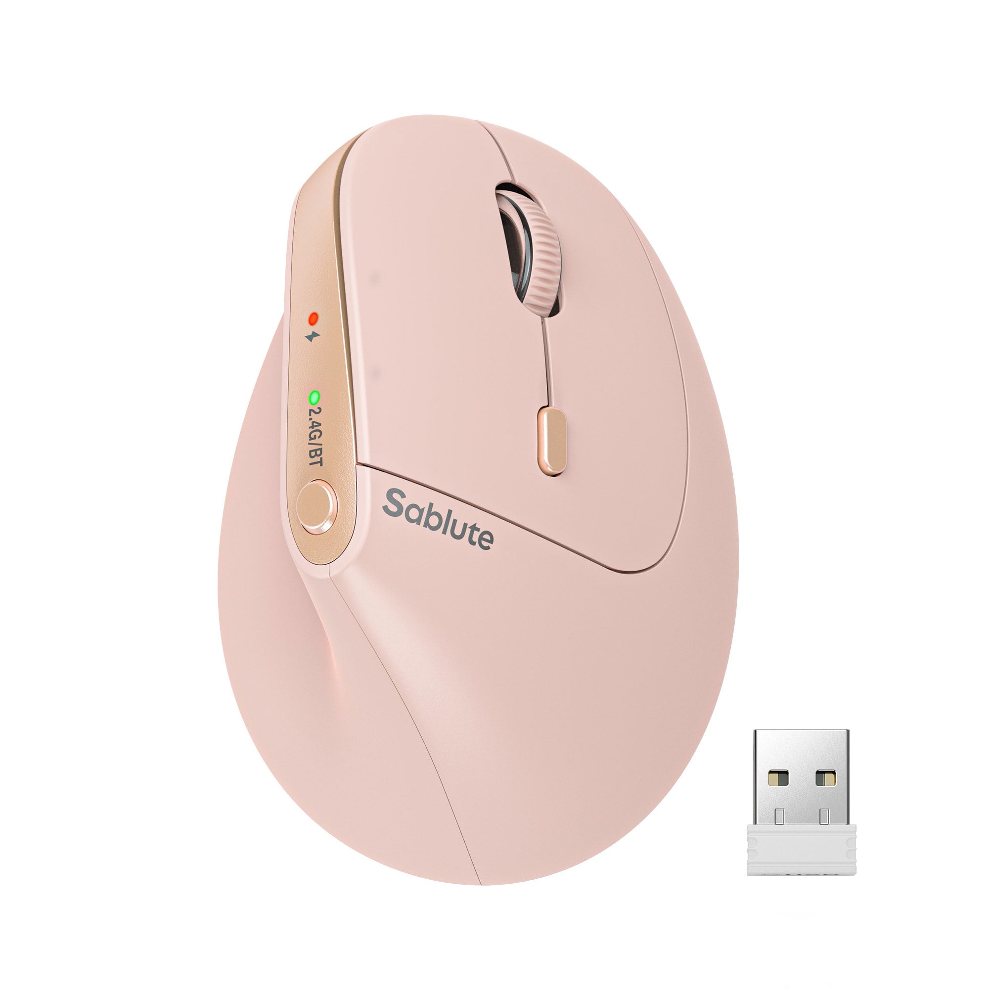 Sablute ergonomic vertical wireless mouse with silent clicks, rechargeable battery, Bluetooth, and adjustable DPI for long-hour computer use CE1560 Pink