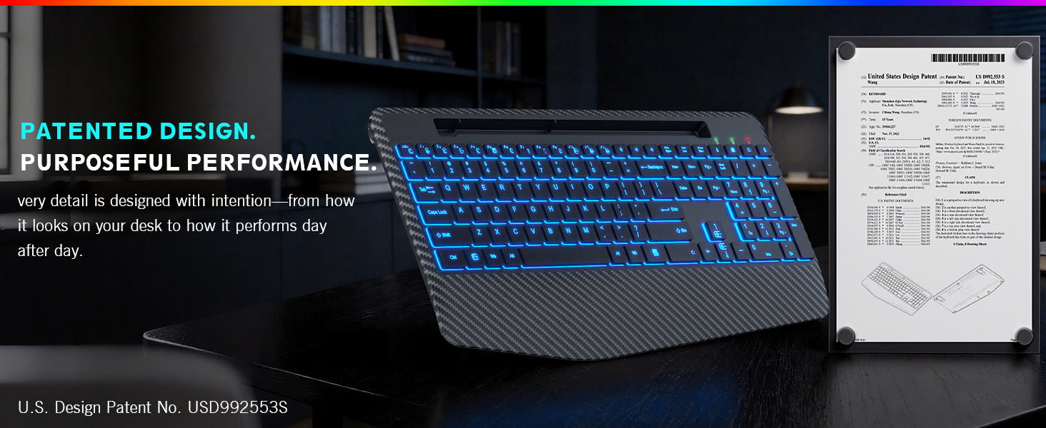 Sablute wireless keyboard with blue backlight on a dark surface, surrounded by text and graphics about patented design and purposeful performance.