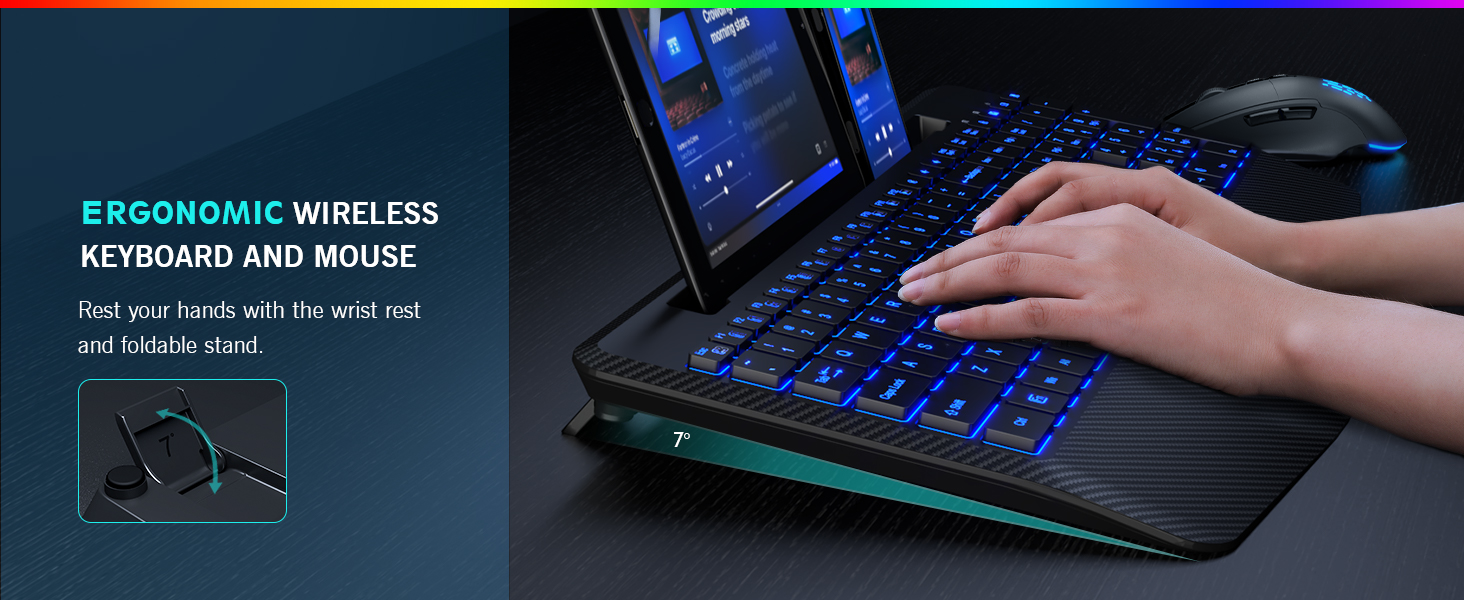 Sablute Ergonomic wireless keyboard and mouse combo with hands typing on a tablet.