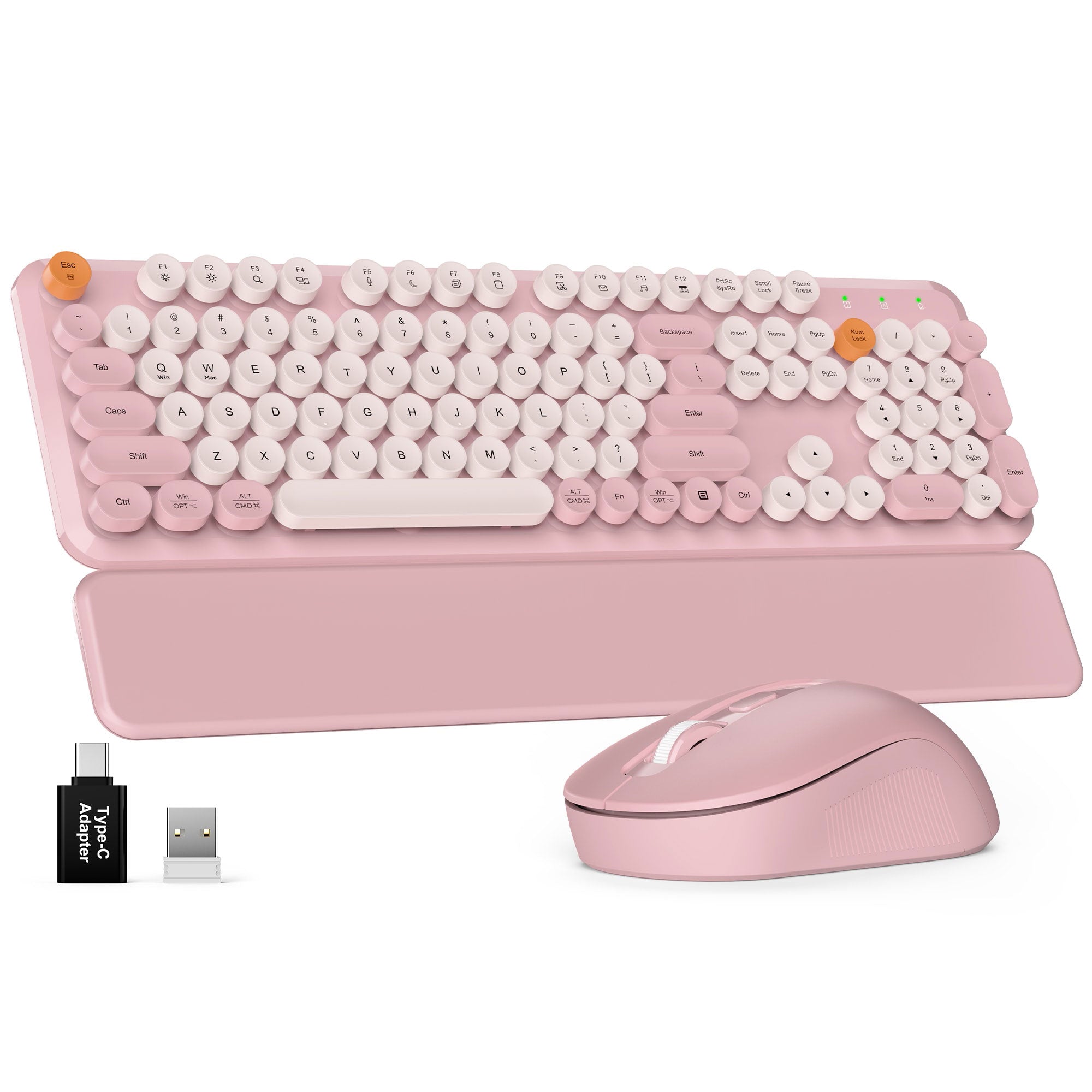 Sablute wireless keyboard and mouse combo with retro typewriter round keycap ergonomic typing angle ideal for home office students and cute desk accessories CE1555 Dusty Rose
