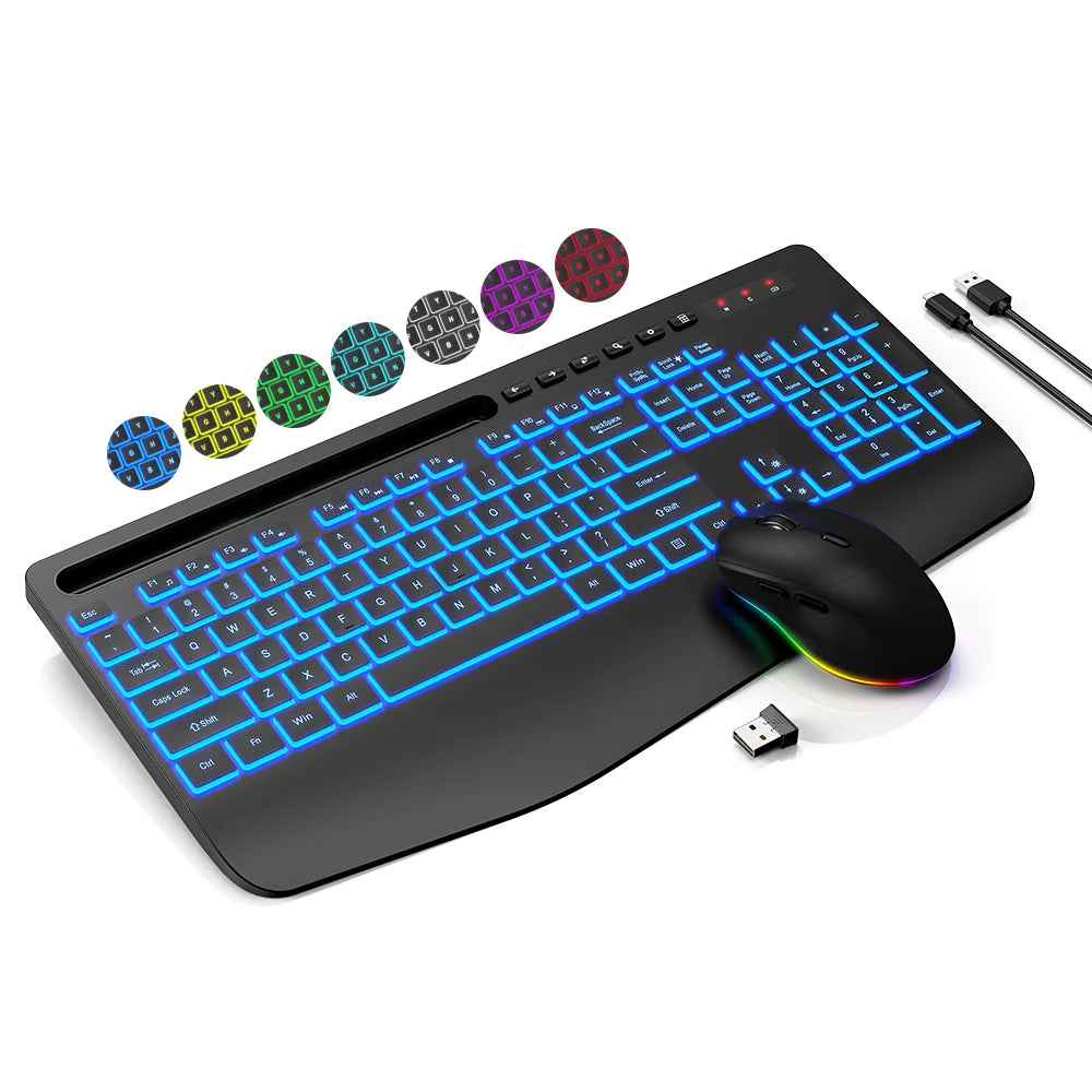 Wireless Keyboard and Mouse Combo with 7 Color Backlit, Rechargeable Ergonomic Keyboard with Palm Rest