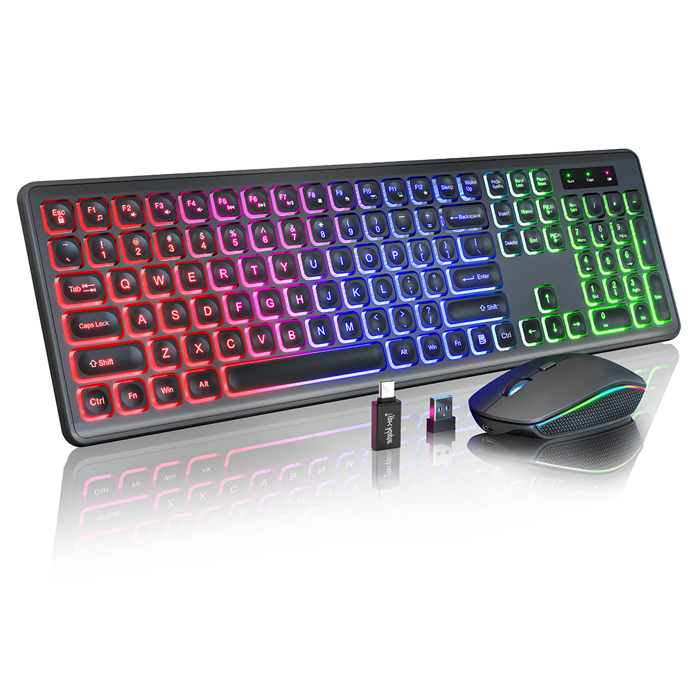 Wireless Keyboard and Mouse Combo - RGB Backlit-Rechargeable & Light Up Letters-Ergonomic Tilt Angle-Full-Size-Sleep Mode-2.4GHz