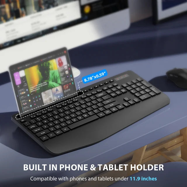Wireless Keyboard and Mouse Combo -Wrist Rest Ergonomic Keyboard with Phone Holder
