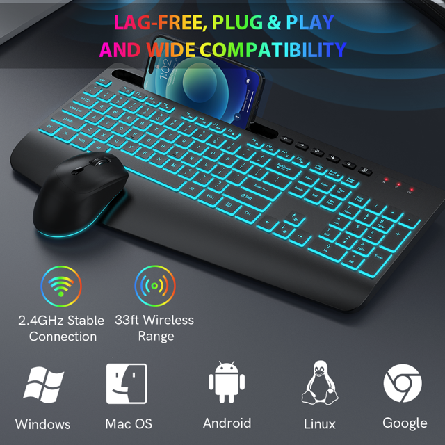 Wireless Keyboard and Mouse Combo with 7 Color Backlit, Rechargeable Ergonomic Keyboard with Palm Rest
