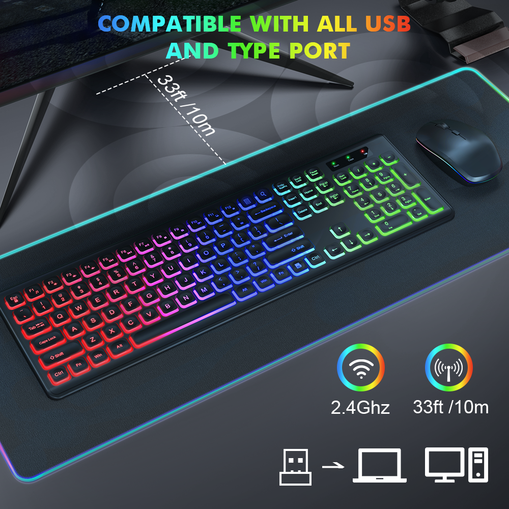 Wireless Keyboard and Mouse Combo - RGB Backlit-Rechargeable & Light Up Letters-Ergonomic Tilt Angle-Full-Size-Sleep Mode-2.4GHz