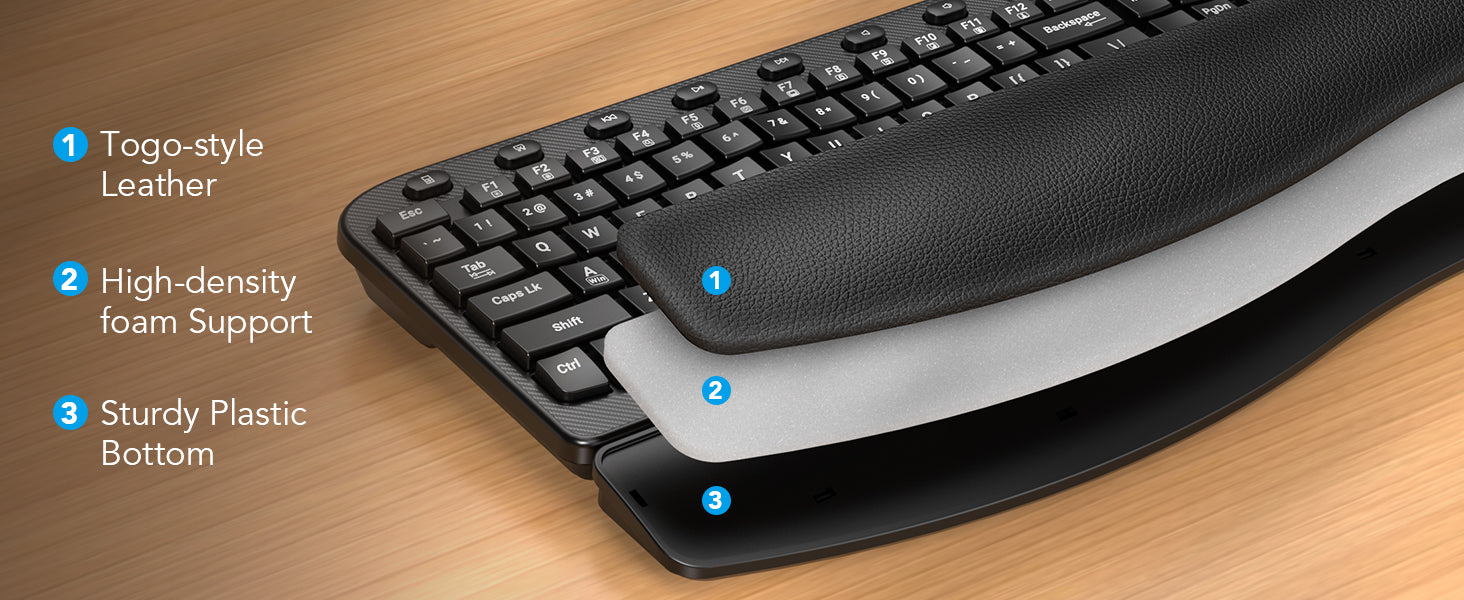 Sablute Ergonomic keyboard with wrist support on a wooden surface, featuring Togo-style leather, high-density foam support, and sturdy plastic bottom.