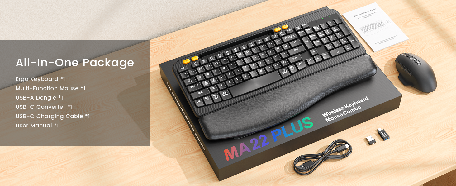 Sablute ergonomic Keyboard and mouse set MA22 Plus with accessories on a wooden surface, featuring text about product features.