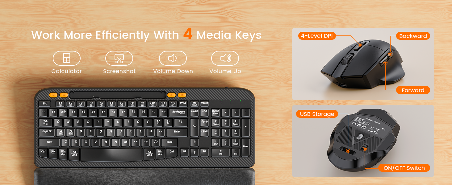Sablute ergonomic wireless Keyboard and mouse set with media keys on a wooden surface