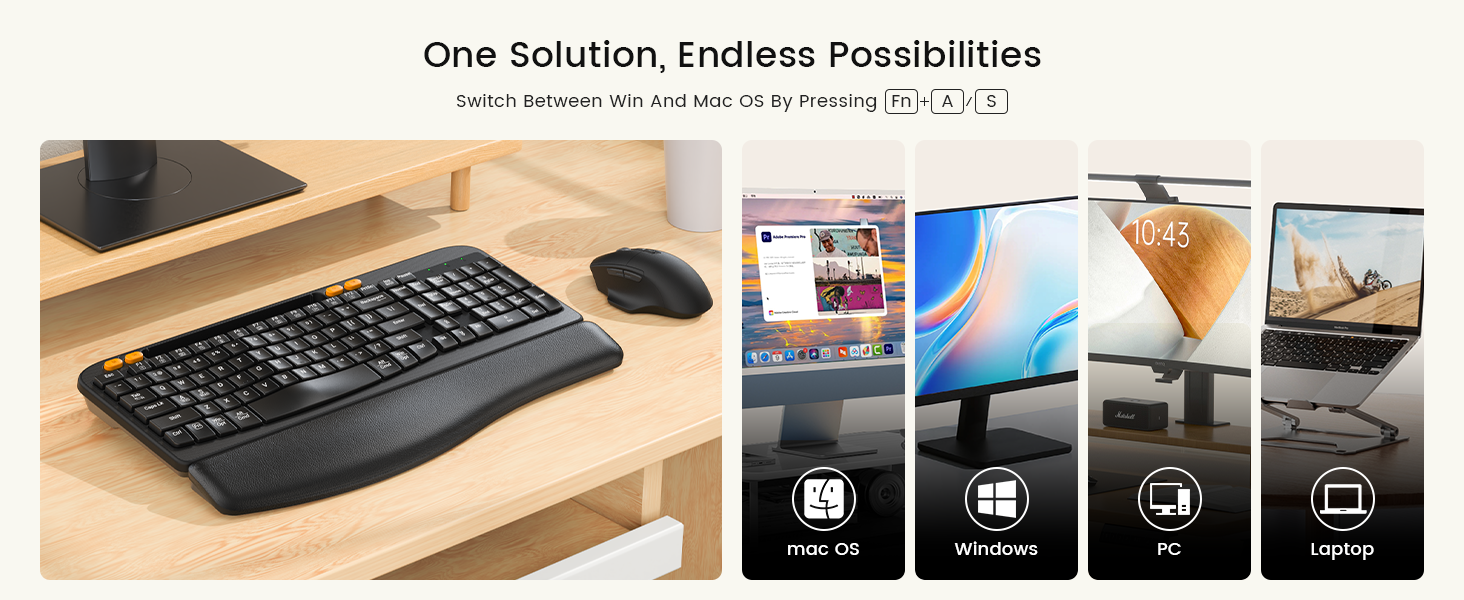 Sablute wireless Keyboard and mouse on a desk with multiple computer screens displaying different operating systems.