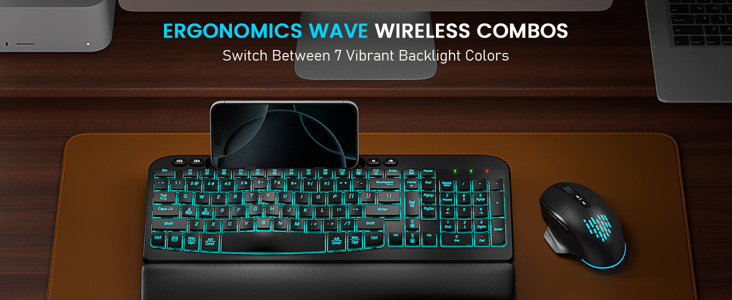 Ergonomic setup with Sablute wave keyboard, mouse, and monitor on a desk, featuring vibrant backlight colors.