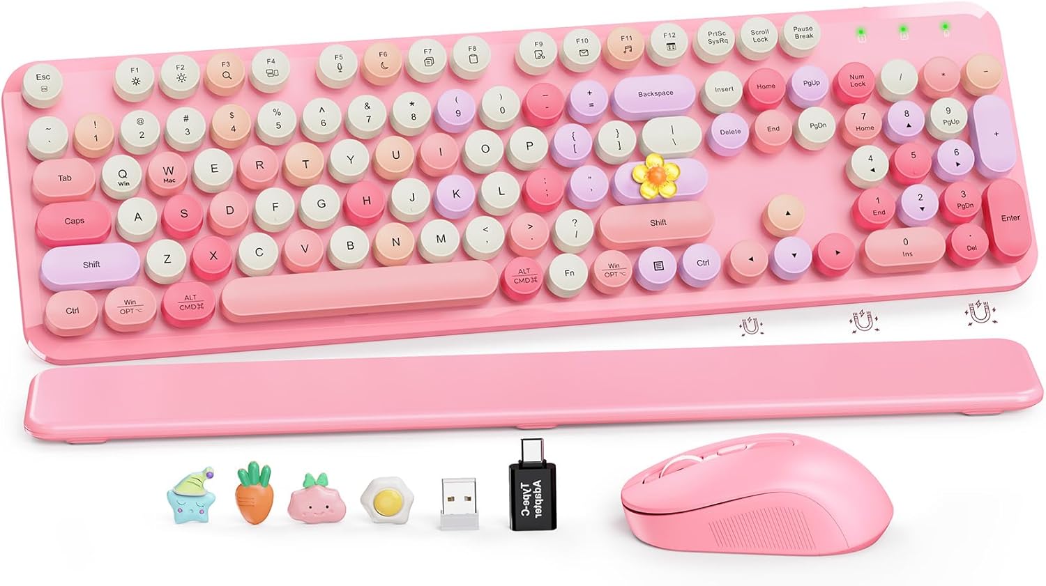 Wireless Keyboard and Mouse Combo, Cute Retro Typewriter Keyboard with Round Keycaps, Full-Size Aesthetic Keyboard with Magnetic Wrist Rest, 2.4GHz USB for Windows/Mac Desktop Laptop