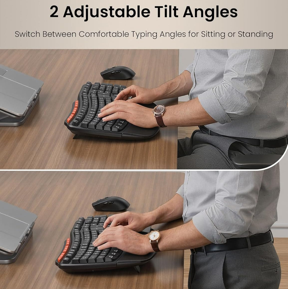 Ergonomic Wireless Keyboard and Mouse Combo, 2.4G Full Size Ergo Wave Key Board with Cushioned Plam Rest, Natural Typing, 3 DPI Adjustable Silent Mouse for Computer/Laptop/Windows/Mac