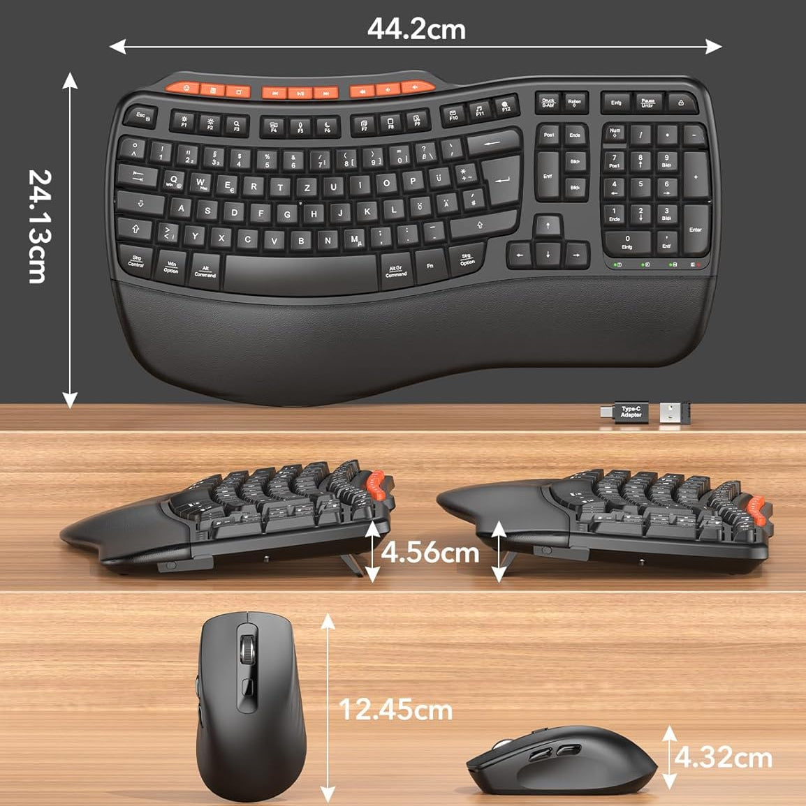 Ergonomic Wireless Keyboard and Mouse Combo, 2.4G Full Size Ergo Wave Key Board with Cushioned Plam Rest, Natural Typing, 3 DPI Adjustable Silent Mouse for Computer/Laptop/Windows/Mac