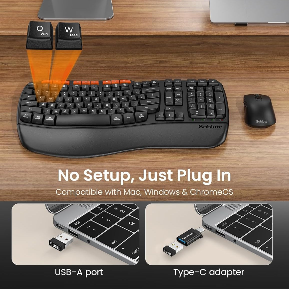 Ergonomic Wireless Keyboard and Mouse Combo, 2.4G Full Size Ergo Wave Key Board with Cushioned Plam Rest, Natural Typing, 3 DPI Adjustable Silent Mouse for Computer/Laptop/Windows/Mac